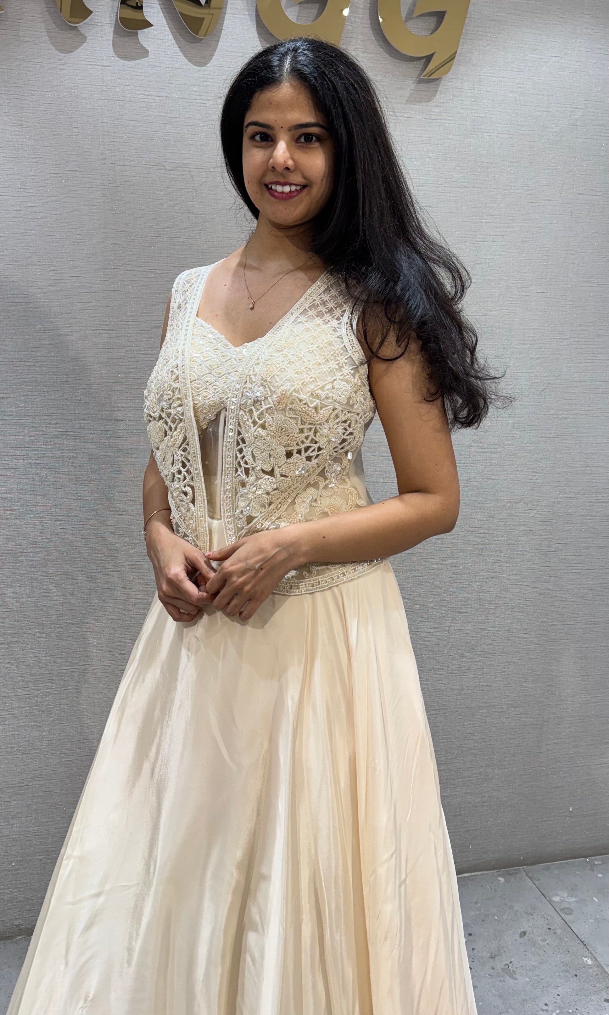 Cream Lehenga with Lace Top and Satin Skirt