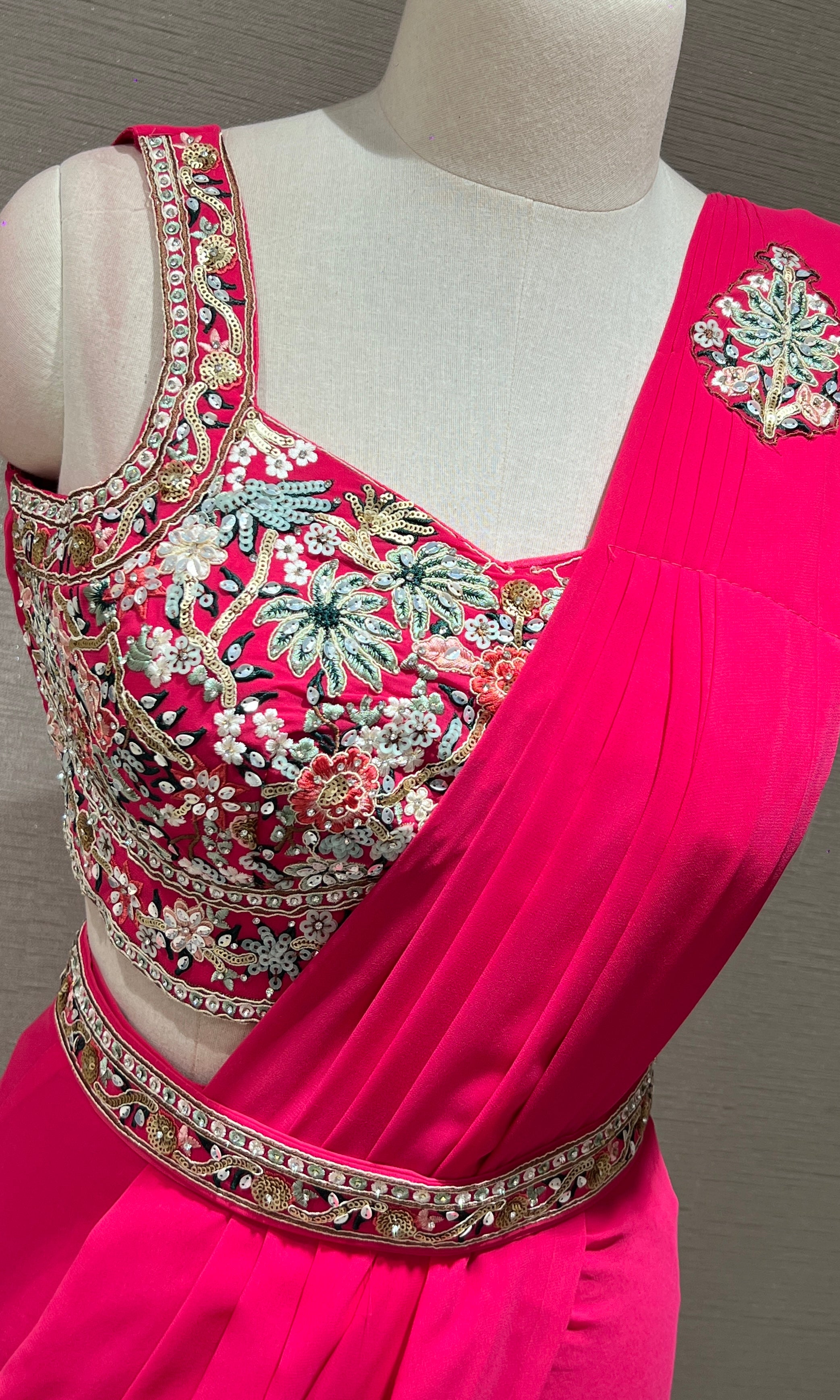 Pink drape saree WITH FLORAL BLOUSE