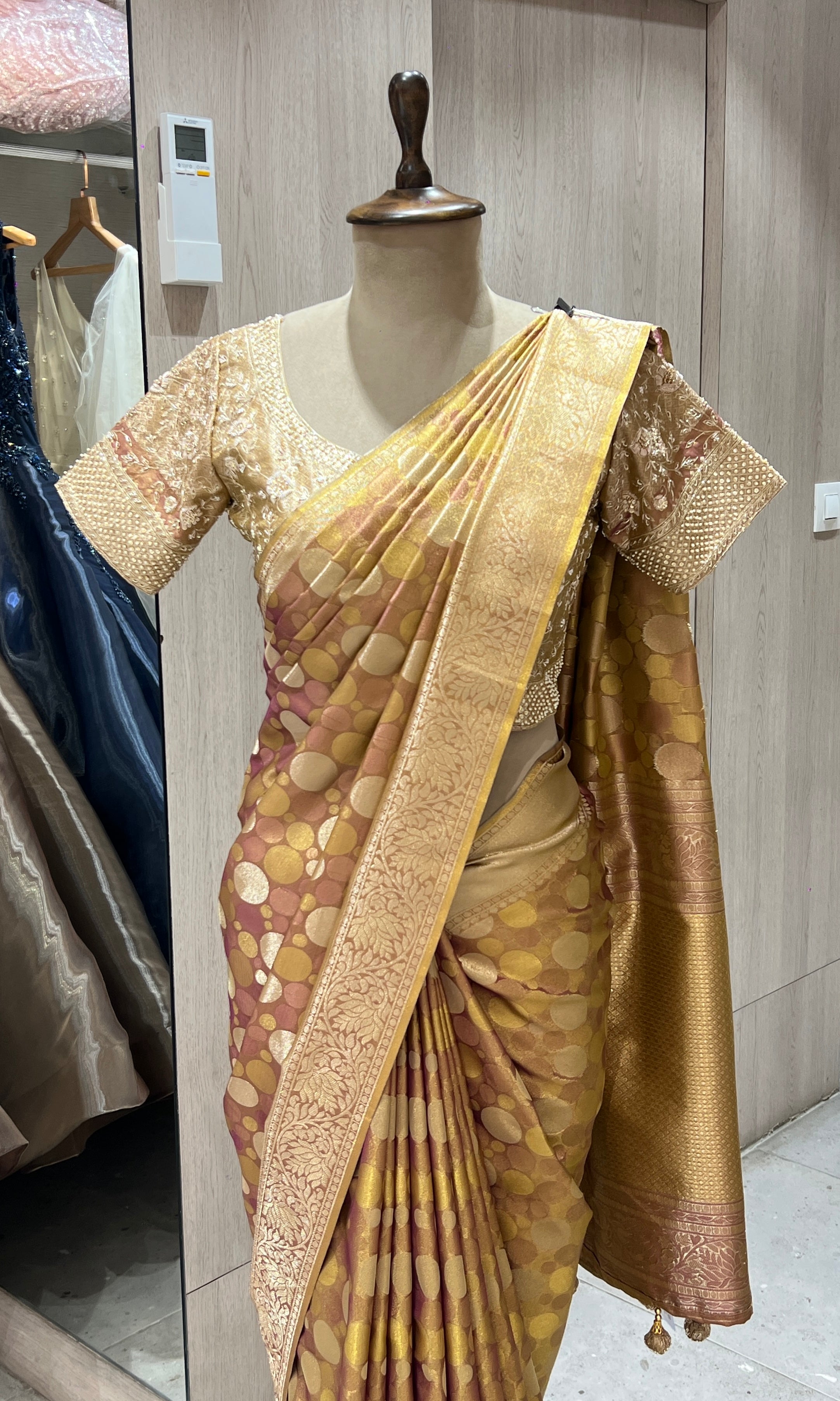 Gold saree with ready blouse