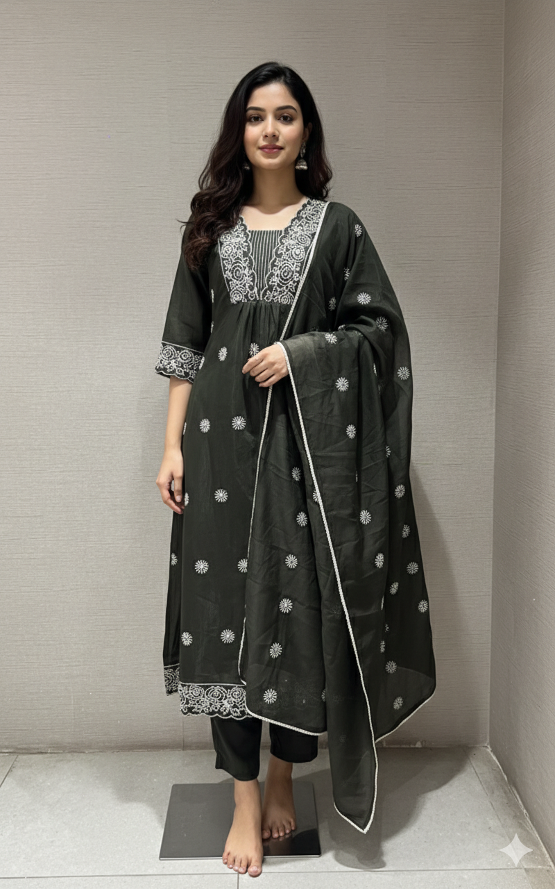 BOTTLE GREEN FLORAL ETHNIC KURTA SET