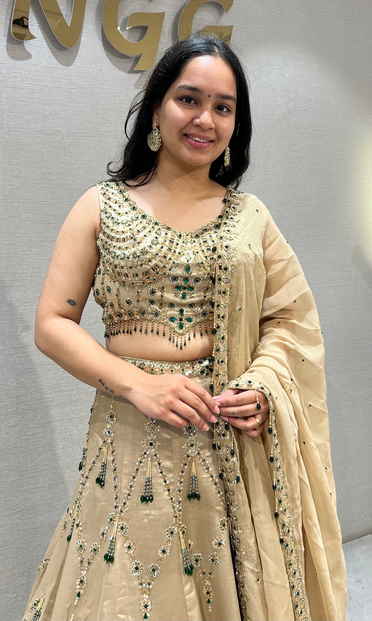 Beige Gold Georgette Embellished Lehenga Choli Set