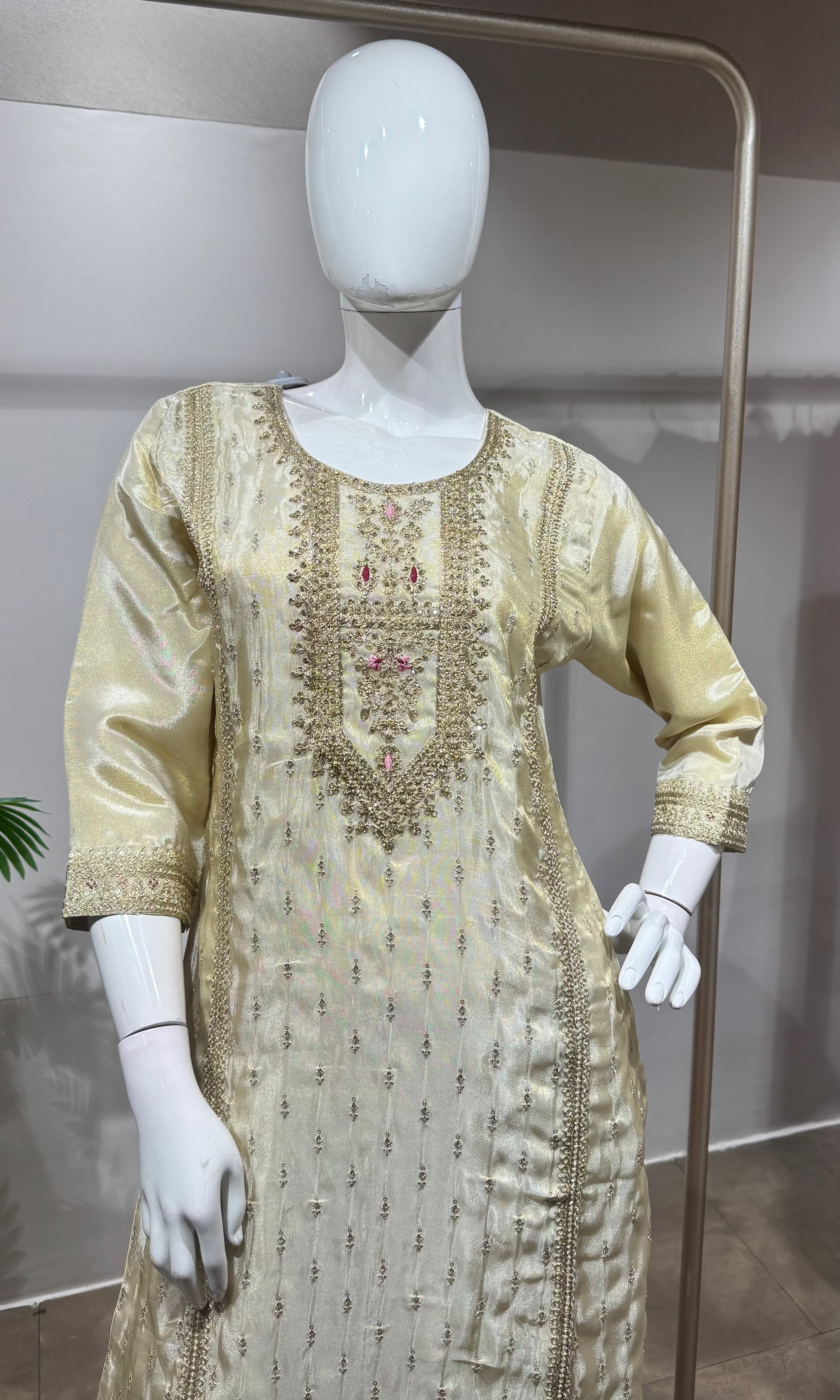 Cream Embroidered Salwar Set with Pink Dupatta