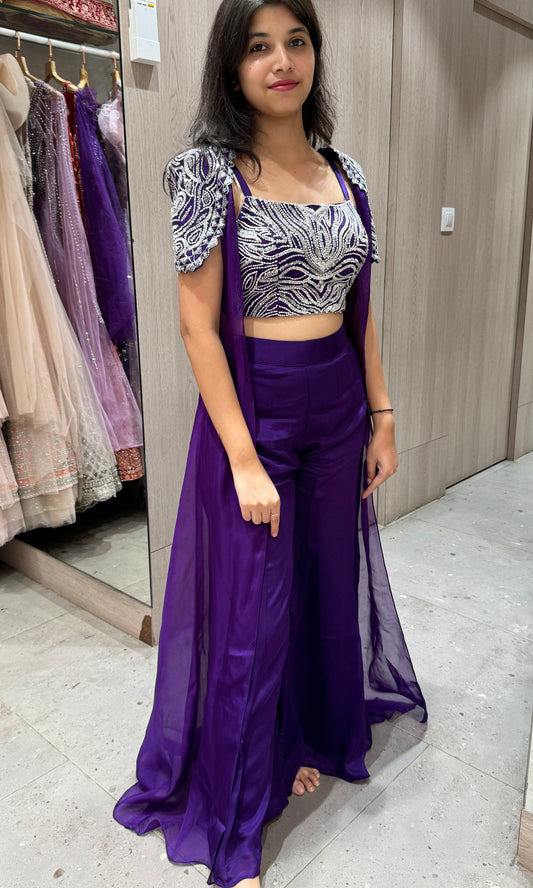 💜Purple 3 piece Indo western long dress, cope, blouse and flared pants💐