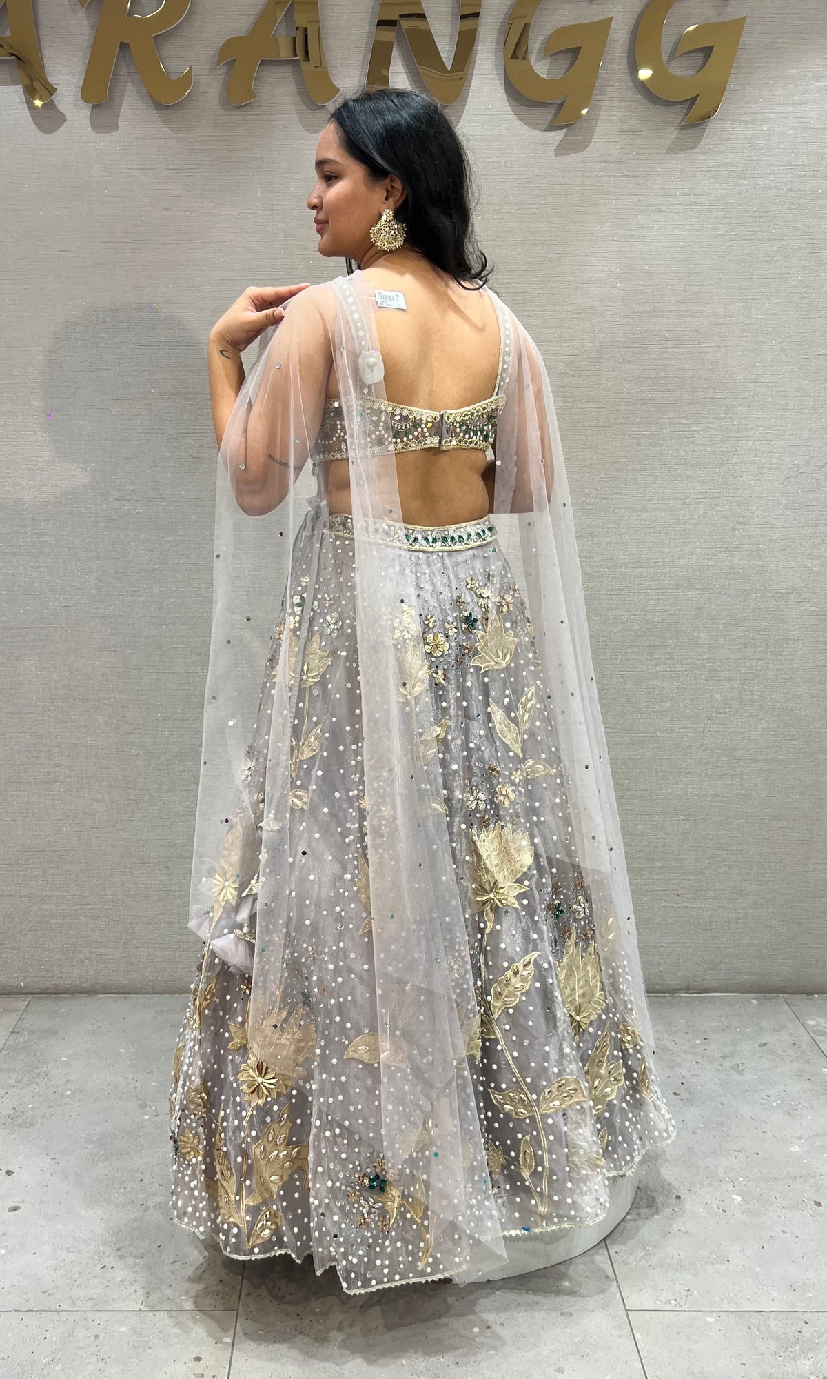 grey and gold soft net Crystal pastel bridal lehenga set