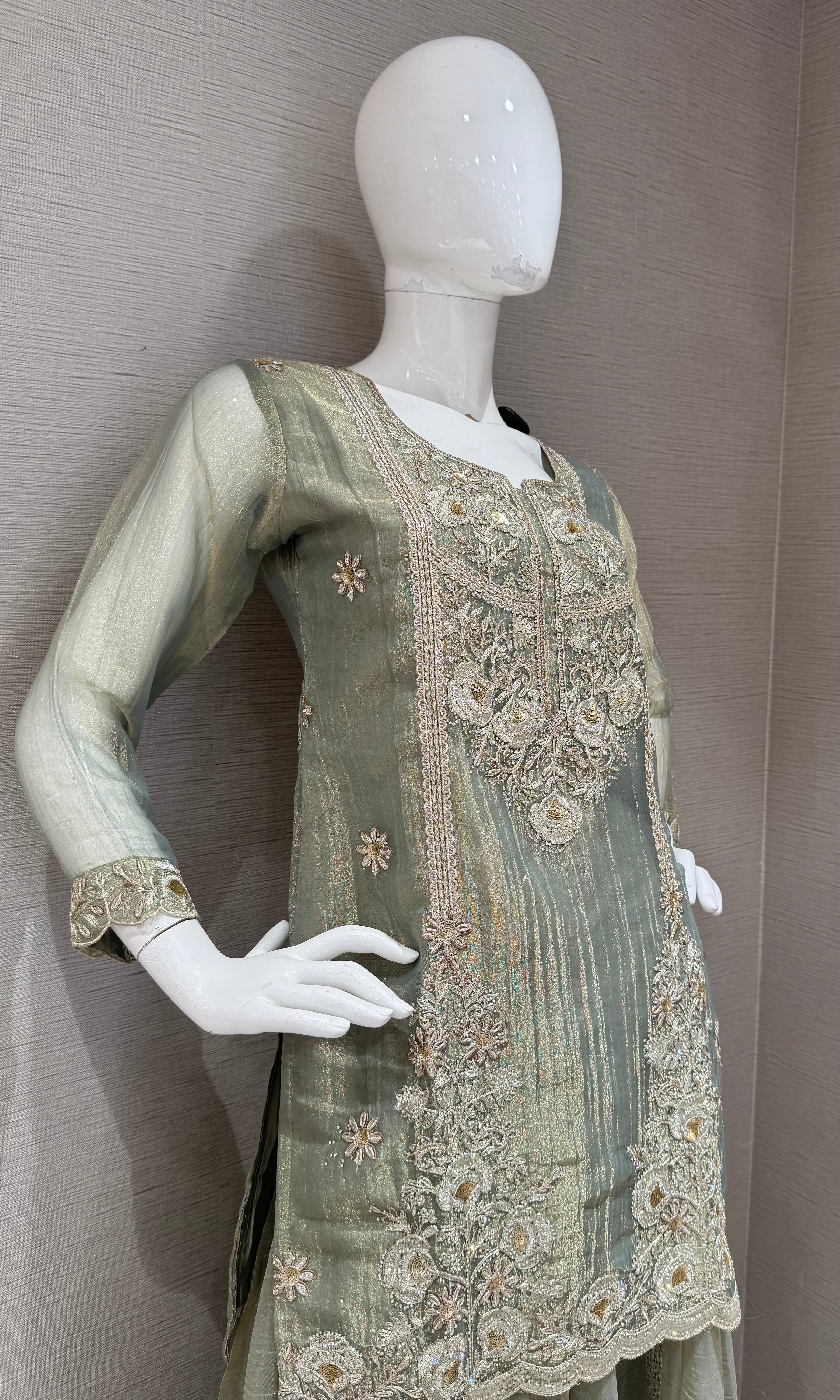 Pista green Shimmer gold embroidered Sharara Set