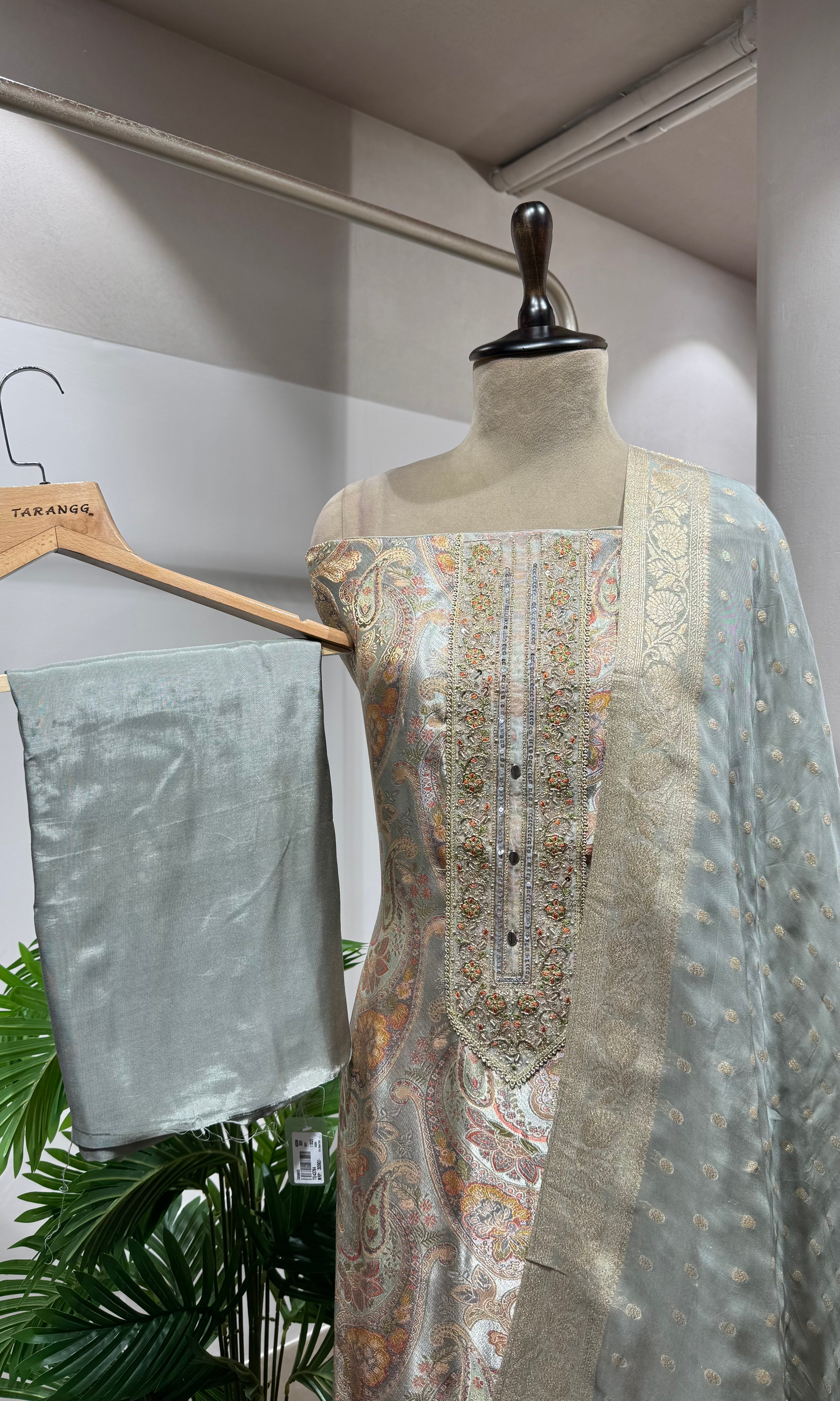 GREY BANARASI SILK DRESS MATERIAL