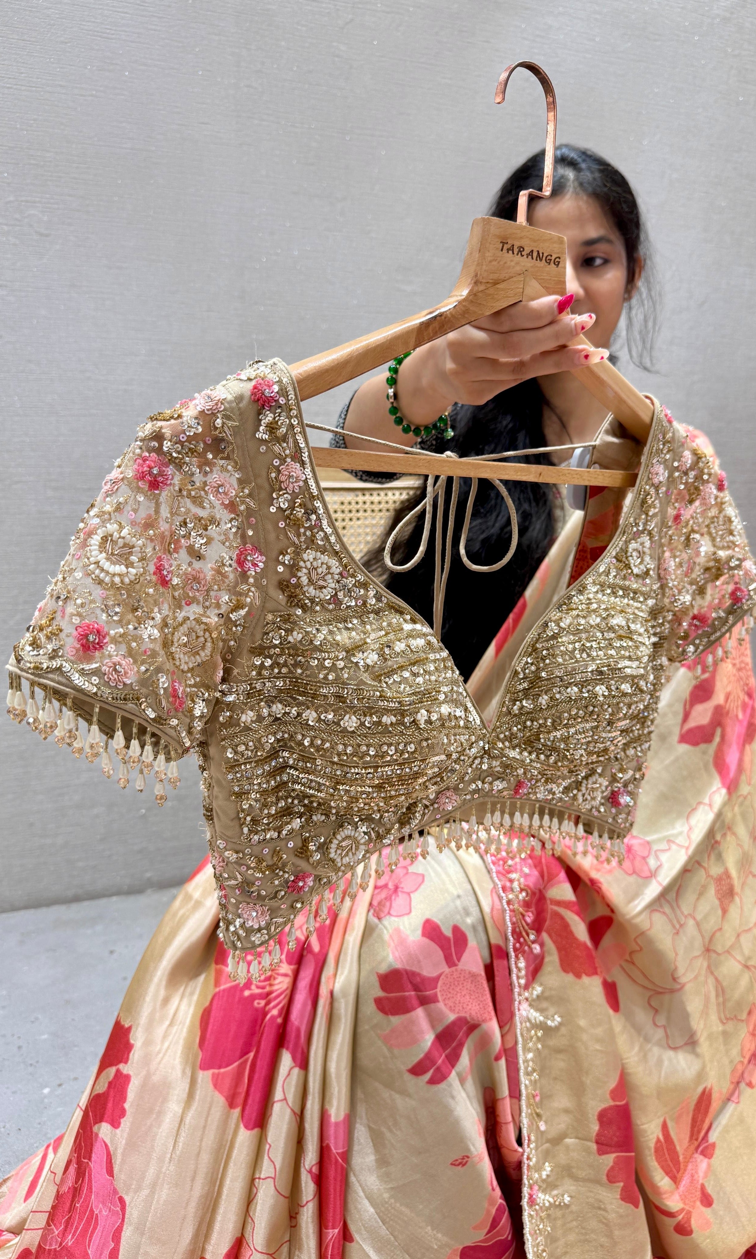 Cream gold floral print satin silk saree with ready blouse