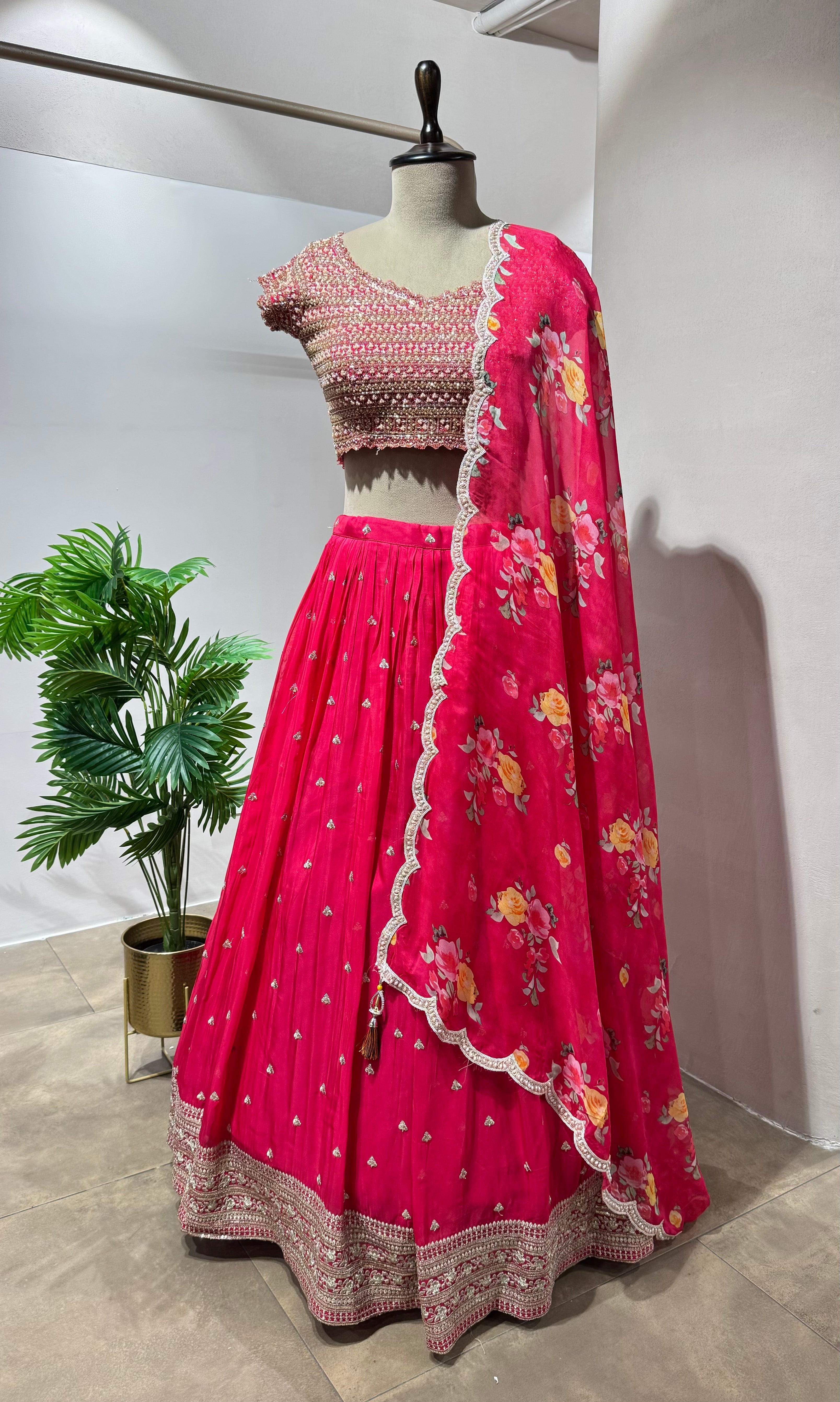 Fuschia Pink Floral Printed Lehenga Choli