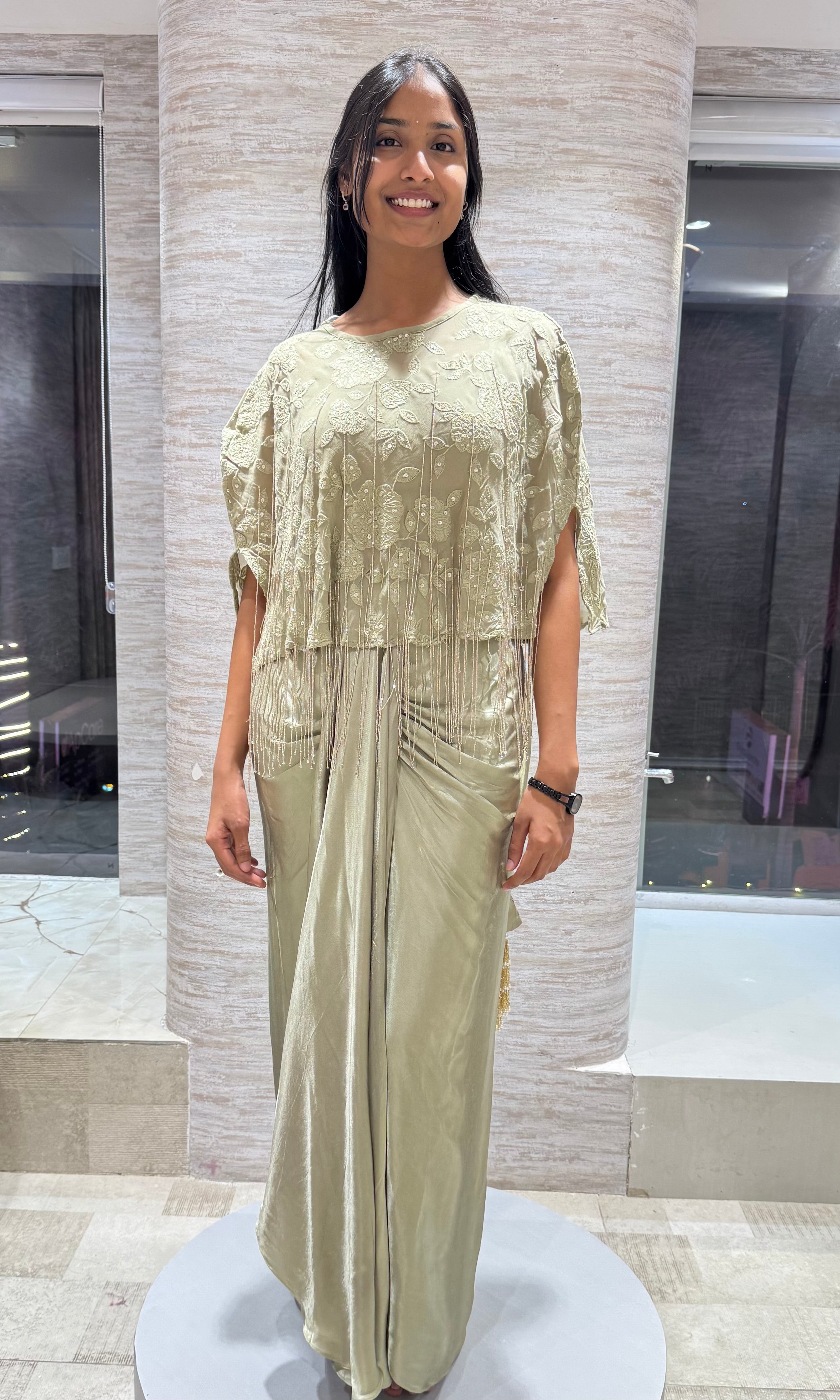 green Drape Gown With Floral Embroidered Cape