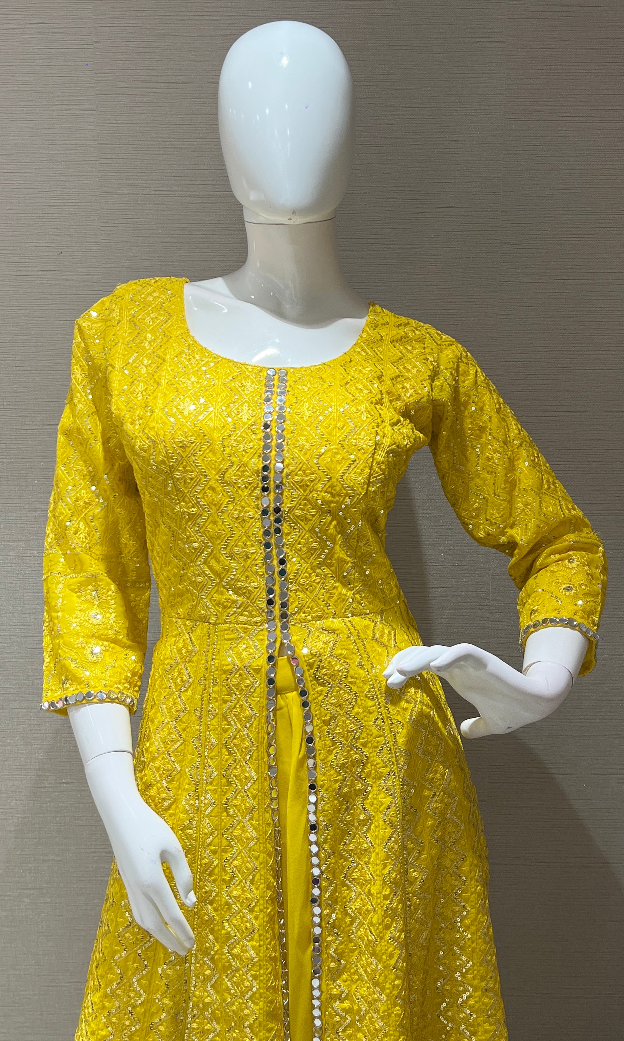Yellow front slit Anarkali with palazzo pants