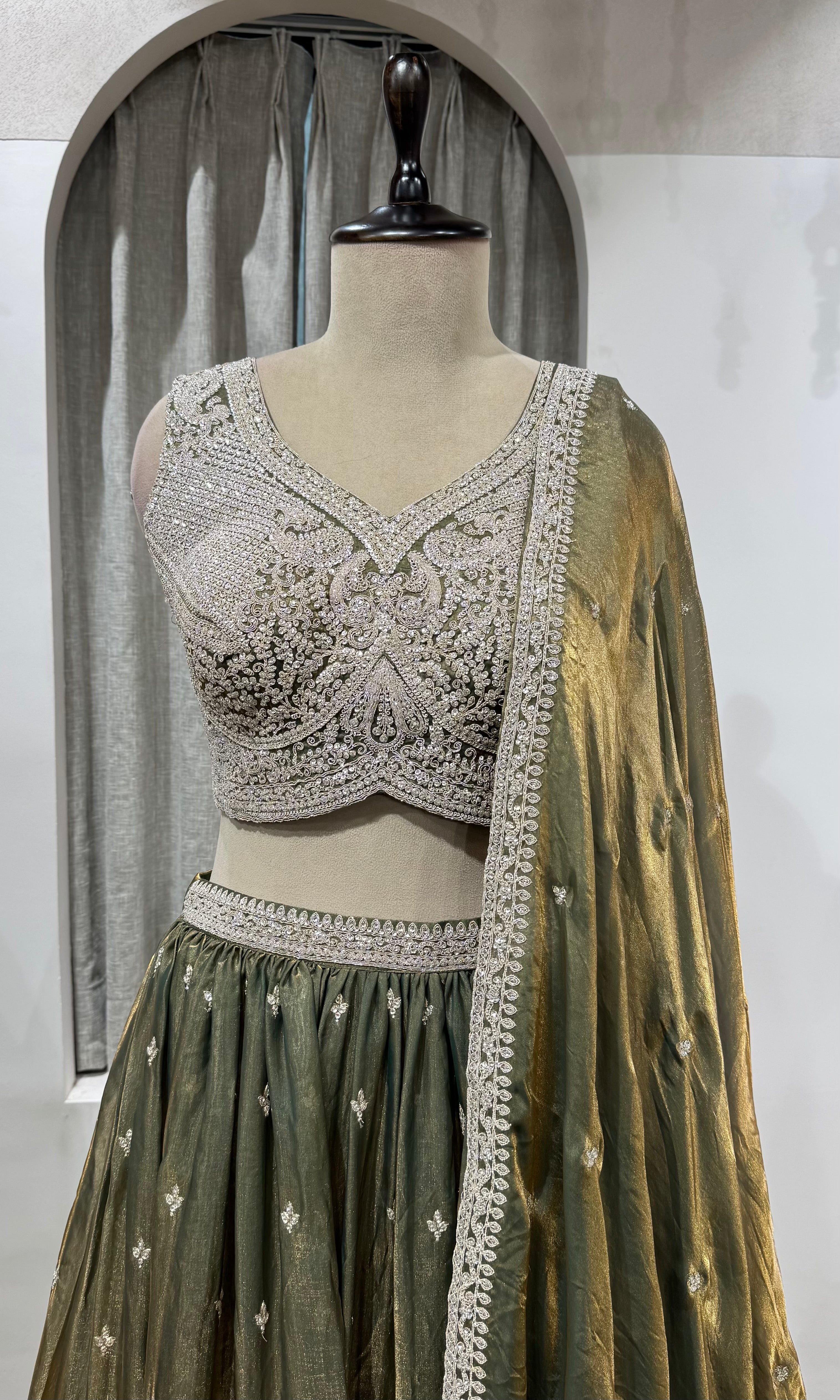 Green Shimmer Silk Lehenga with Silver Embroidery