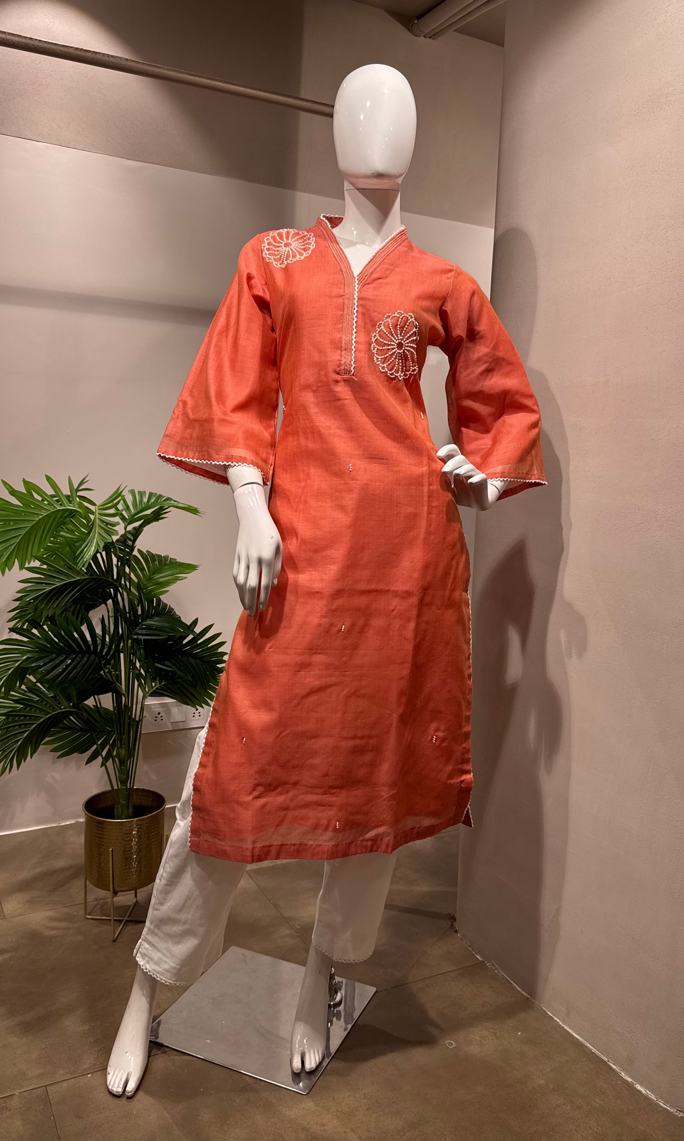 Peach Embroidered Straight Kurta set