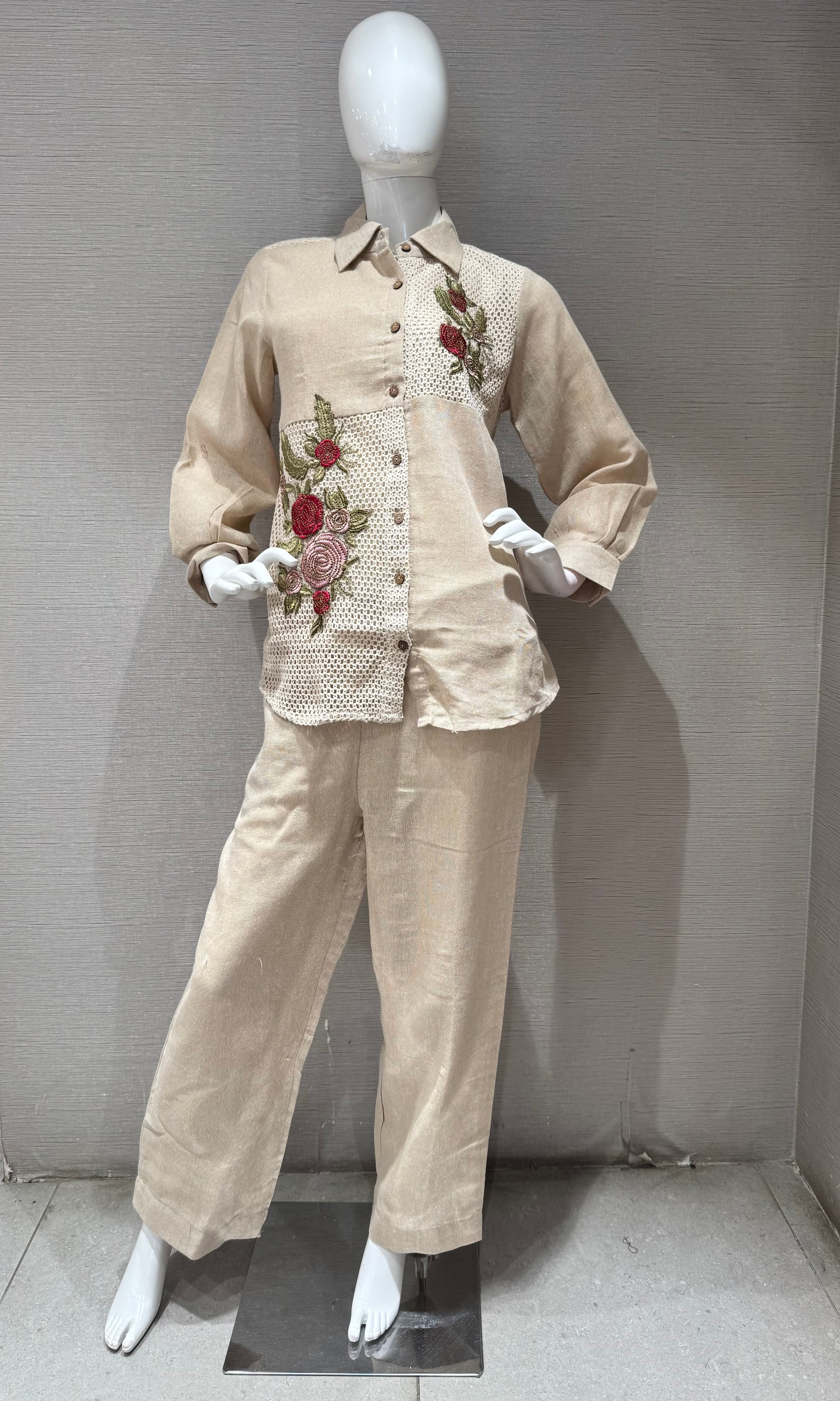 Beige Linen Embroidered Cord Set