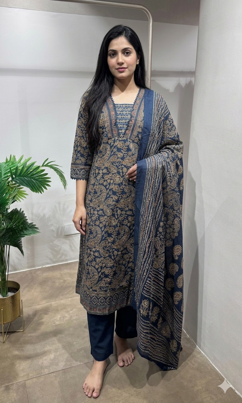 Blue floral printed embroidered kurta set