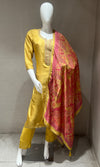 golden yellow kurta set with pink duppata