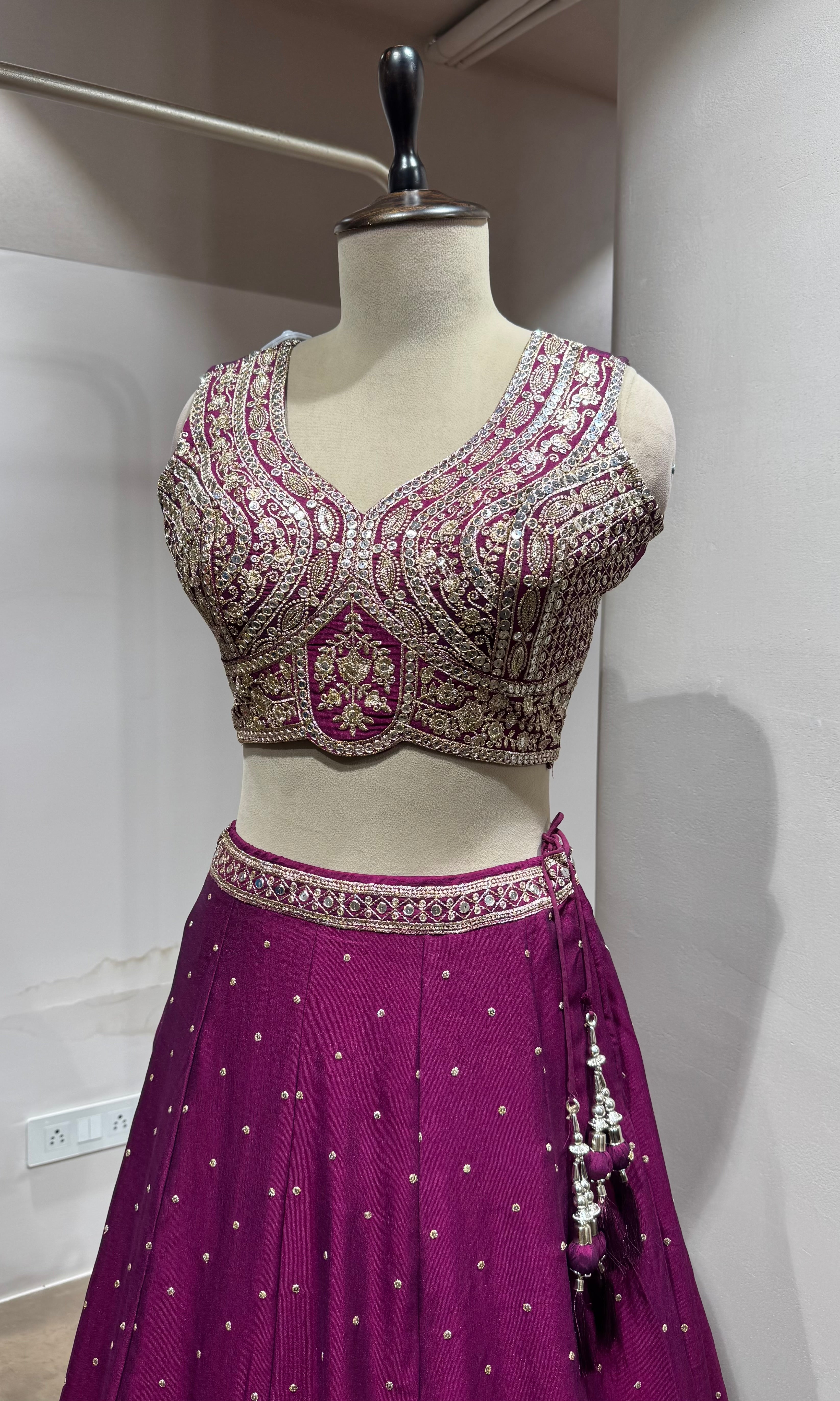 Wine Floral Intricate Embroidery Lehenga
