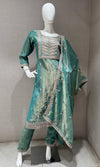 Green Shimmer Kurta Set with Gold Embroidery and Dupatta