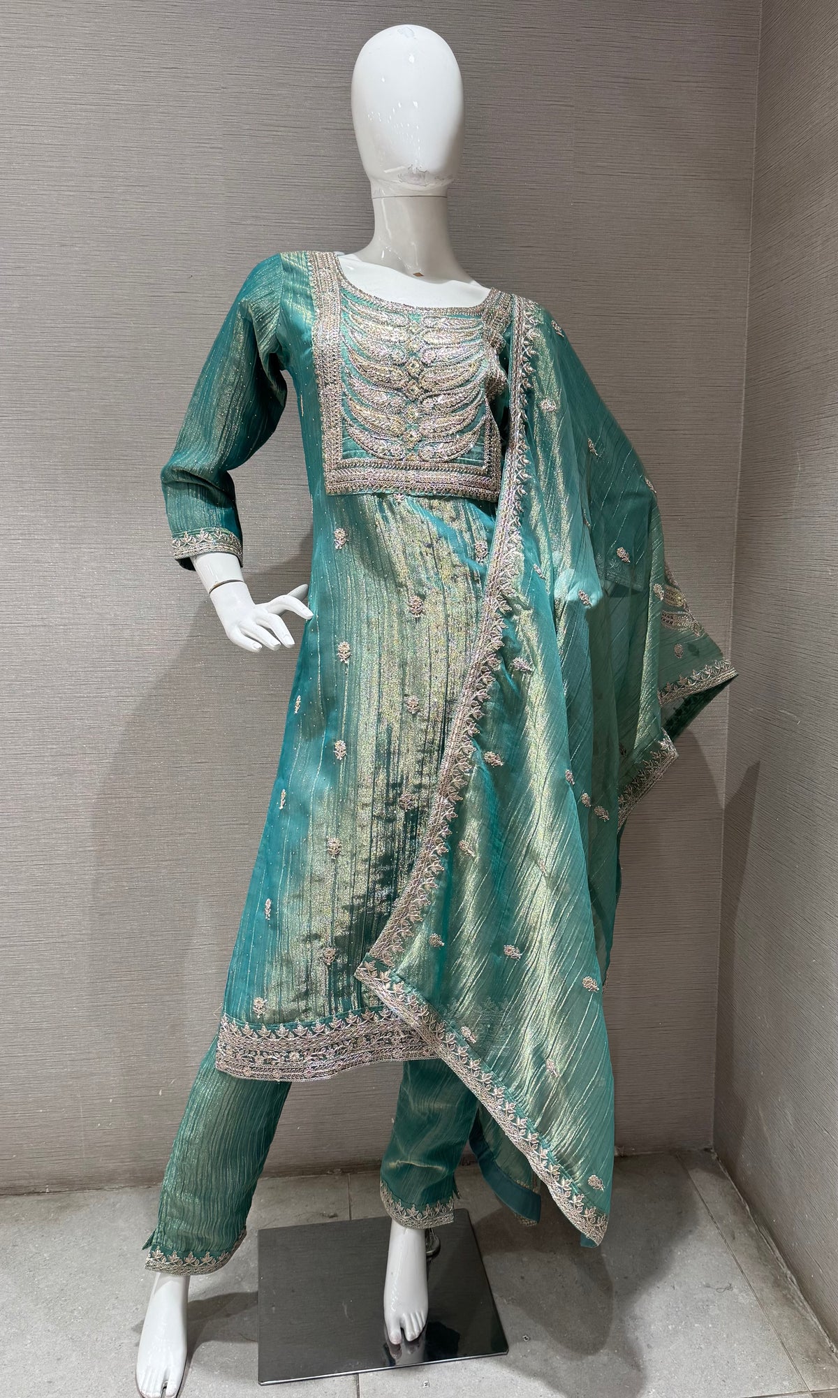 Green Shimmer Kurta Set with Gold Embroidery and Dupatta