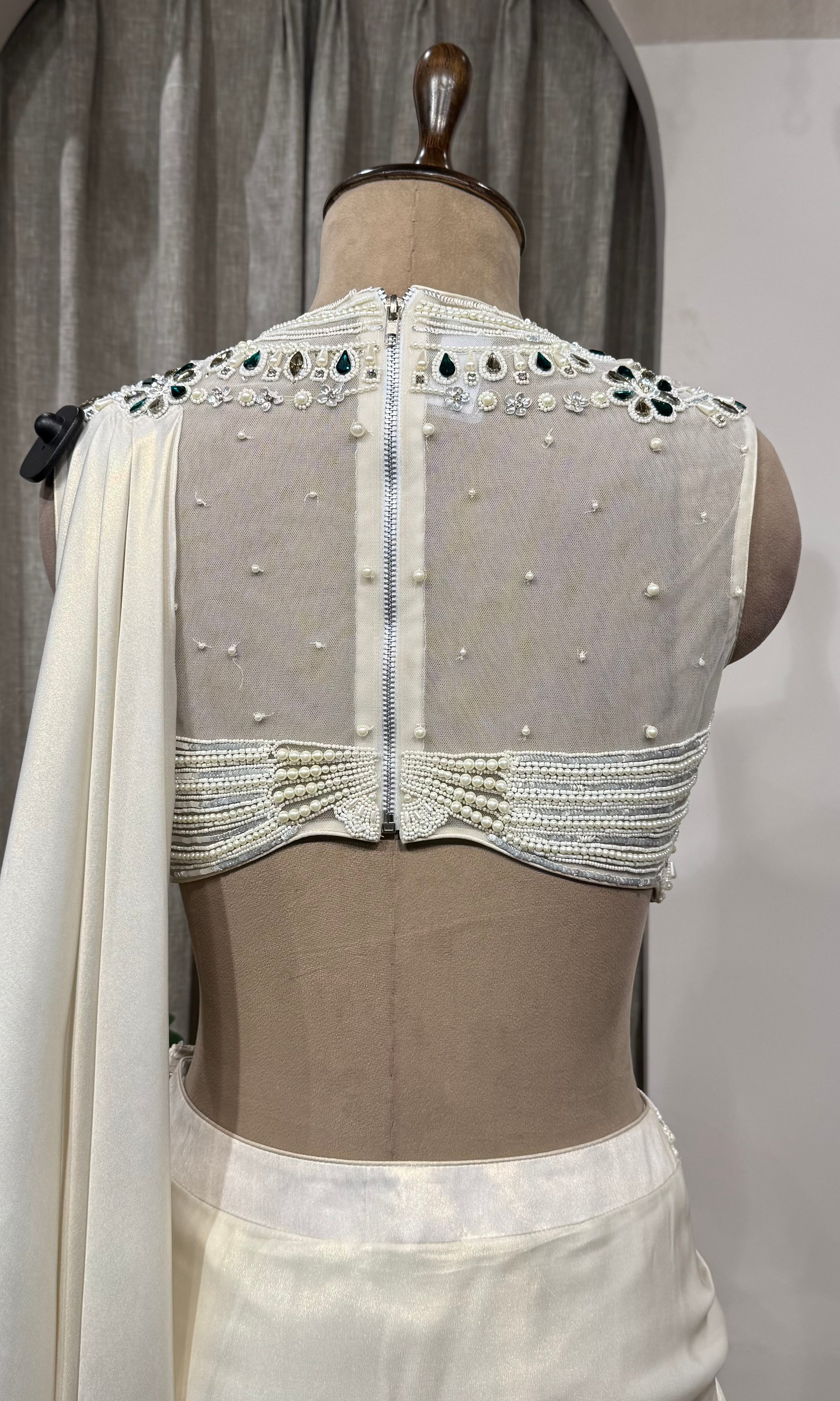 White Mirror and Pearl Embroidered Satin Draped SKIRT