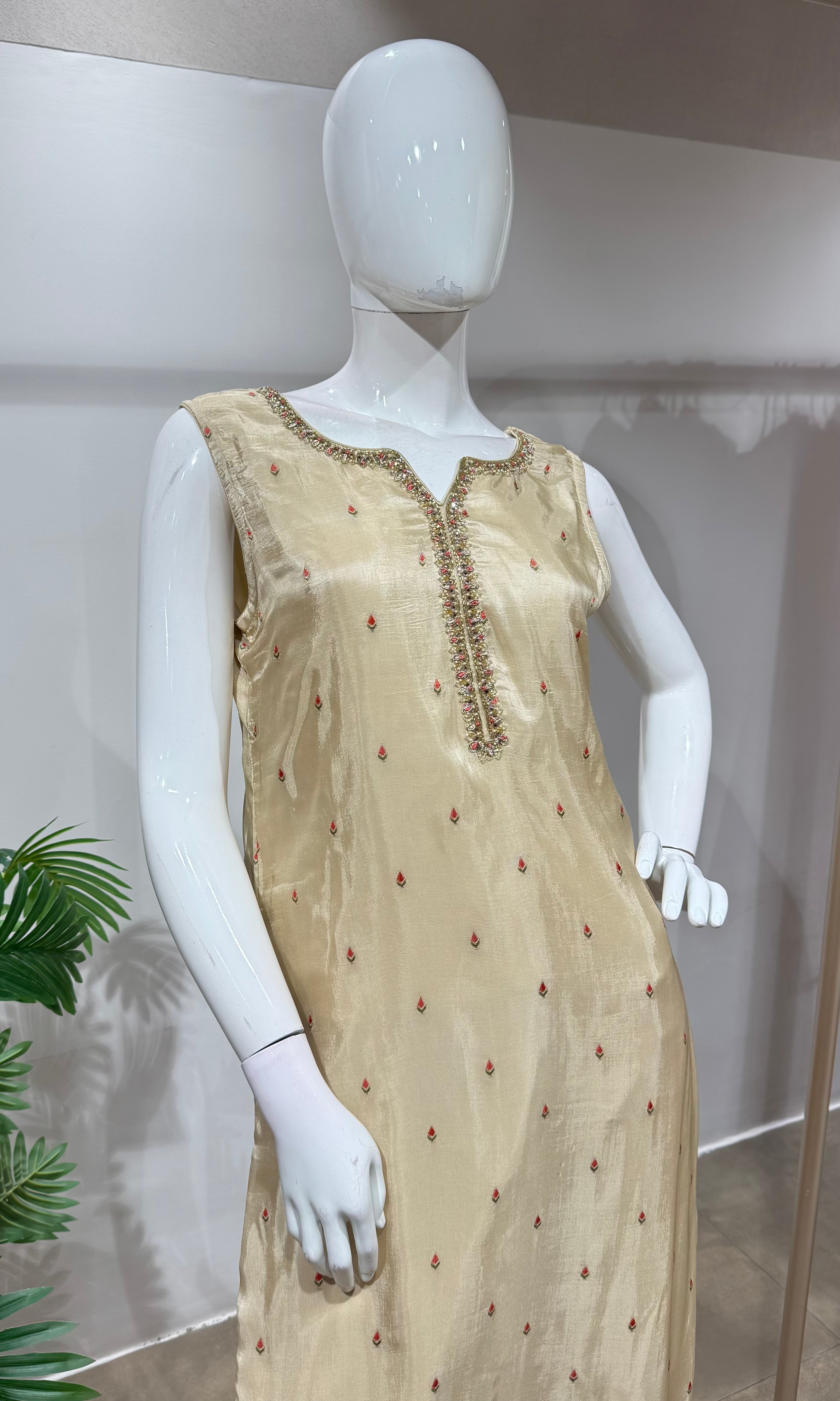 Royal Cream Silk Embroidered straight cut