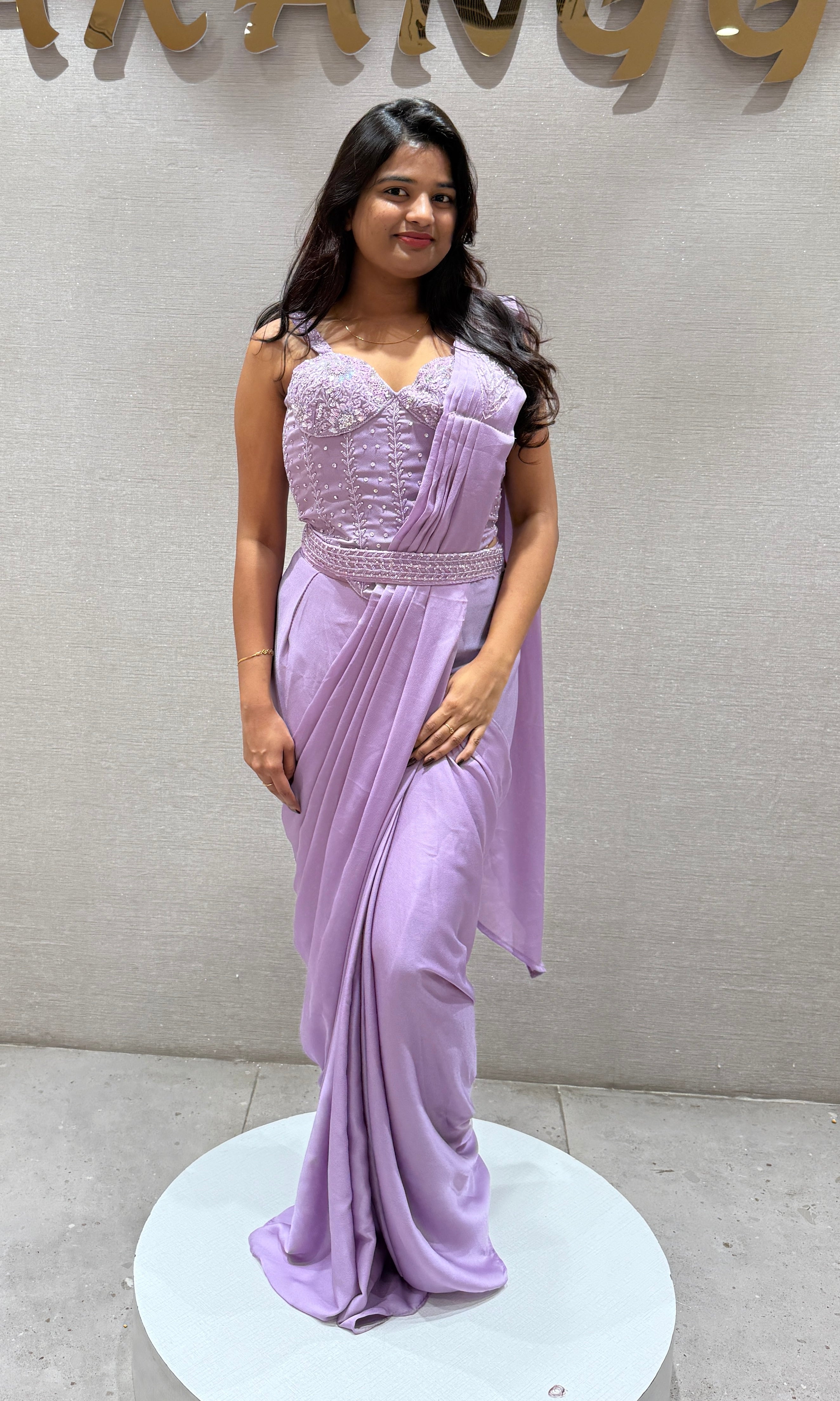 Lilac Draped Saree with Embellished Blouse