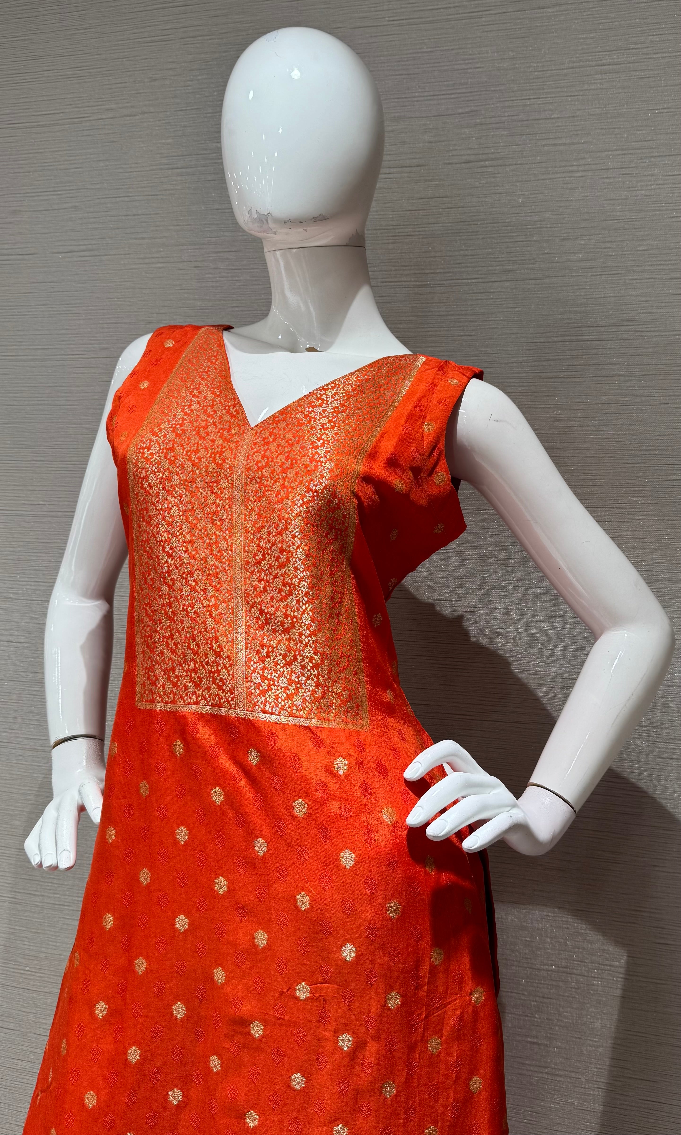 Orange Banarasi silk Kurta set with Golden Border dupatta