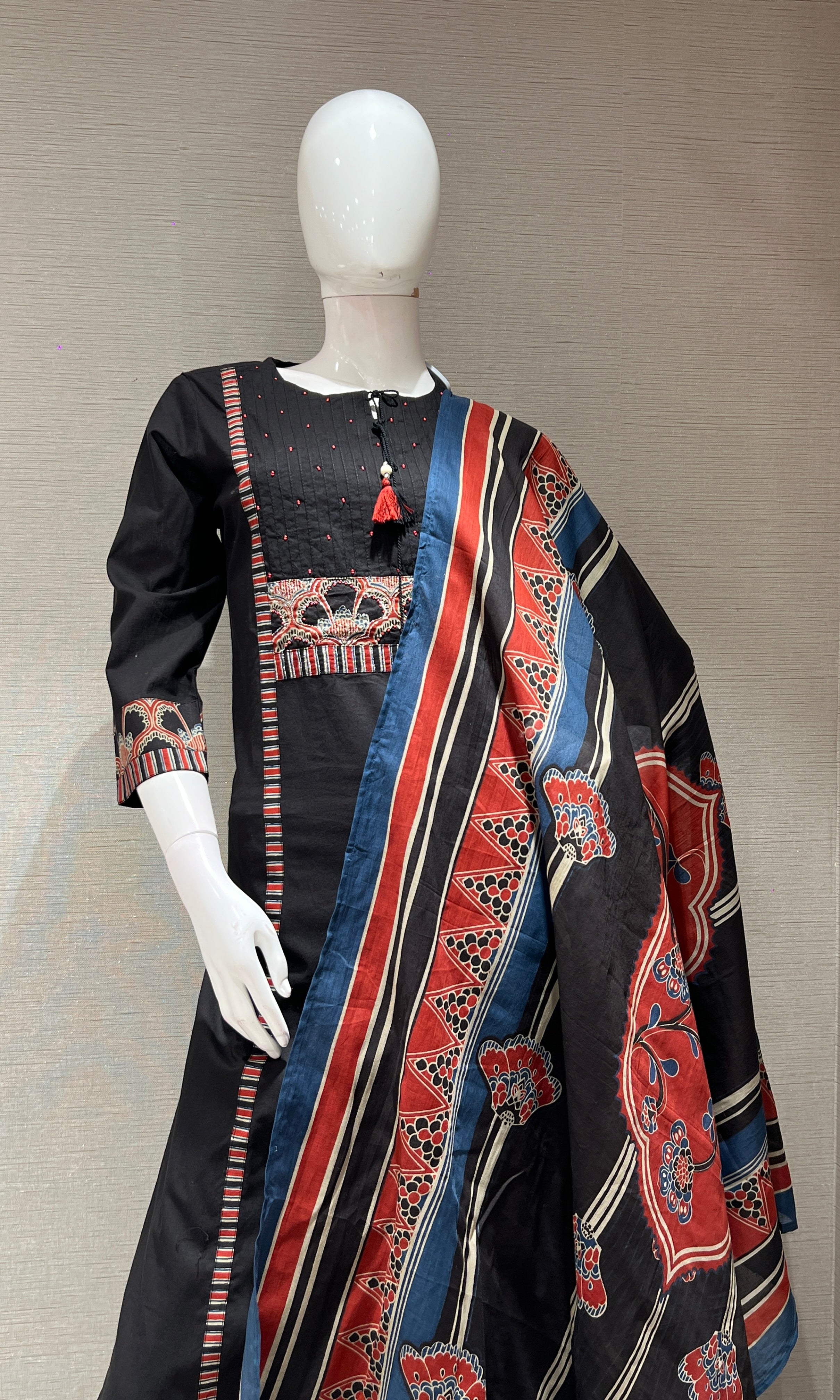 Black A LINE EMBROIDERED KURTA SET