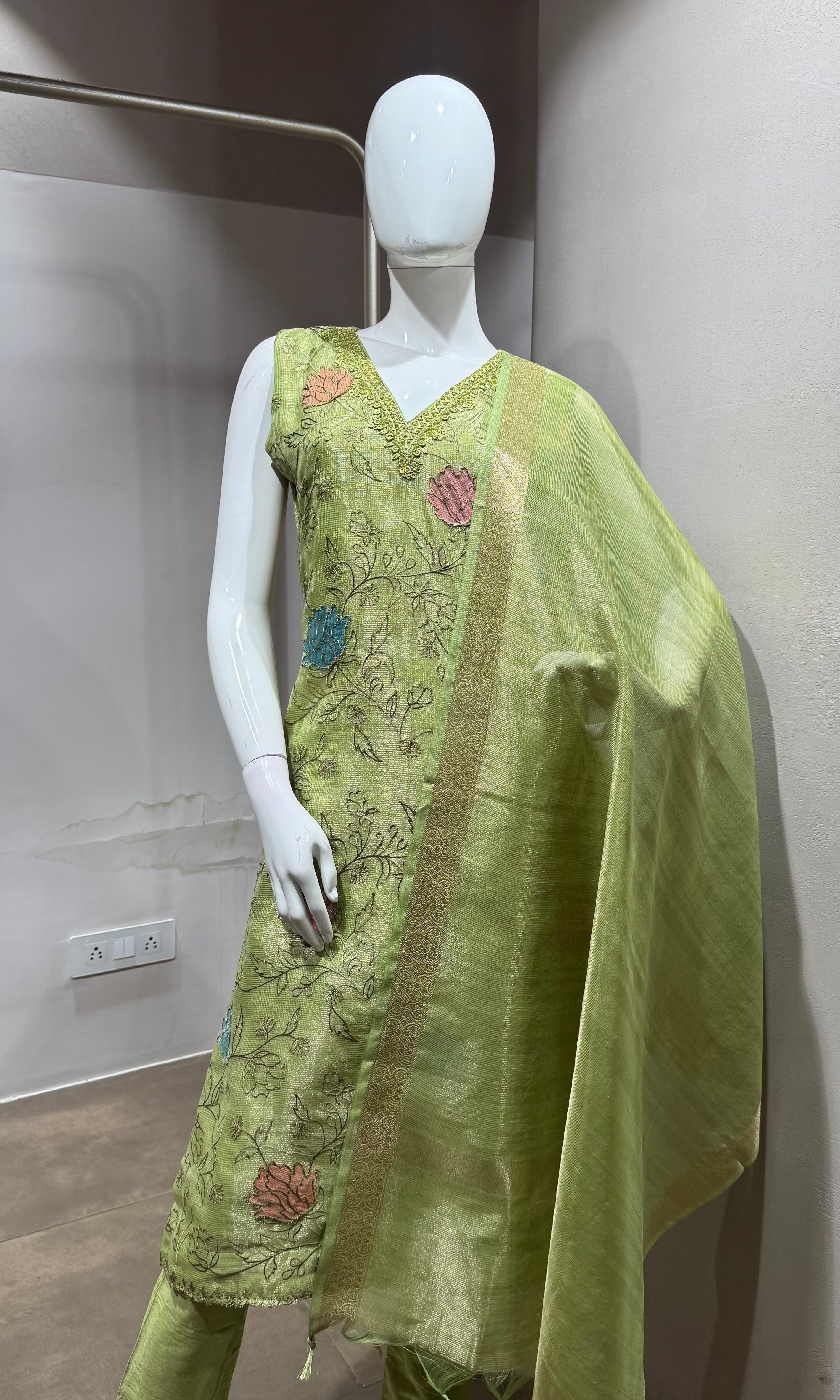 green tissue kurta set with sheer dupatta