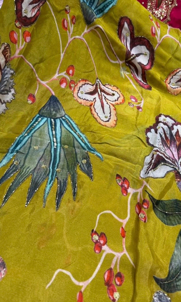 green floral saree with ready blouse