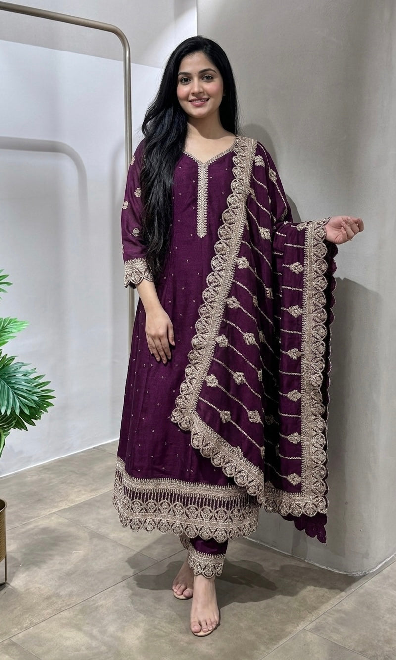 WINE GOLD EMBROIDERY ANARKALI