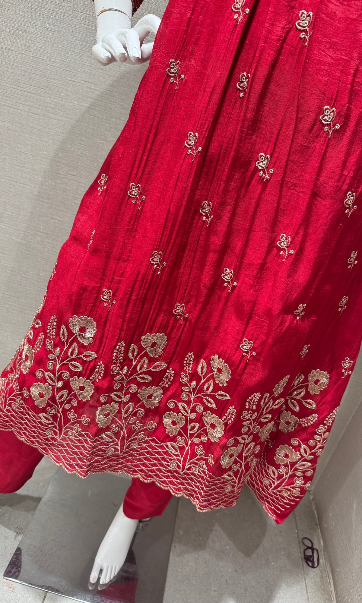 Maroon golden floral a line kurta set with dupatta