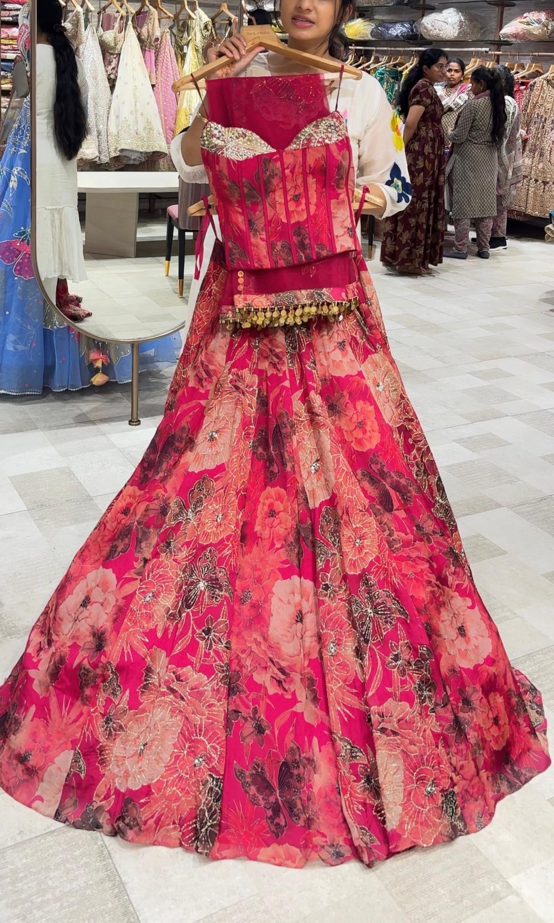rani floral print embroidered lehenga