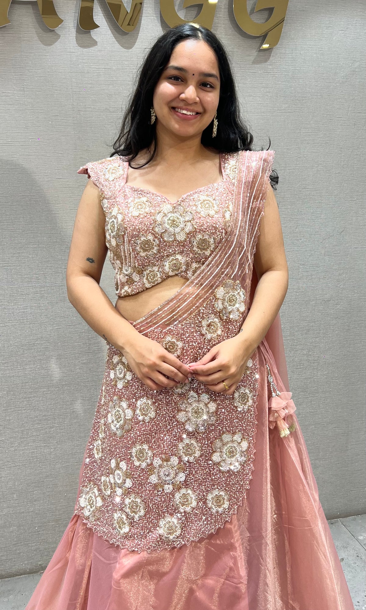 Peach Soft tissue Sequinned Mermaid Lehenga set