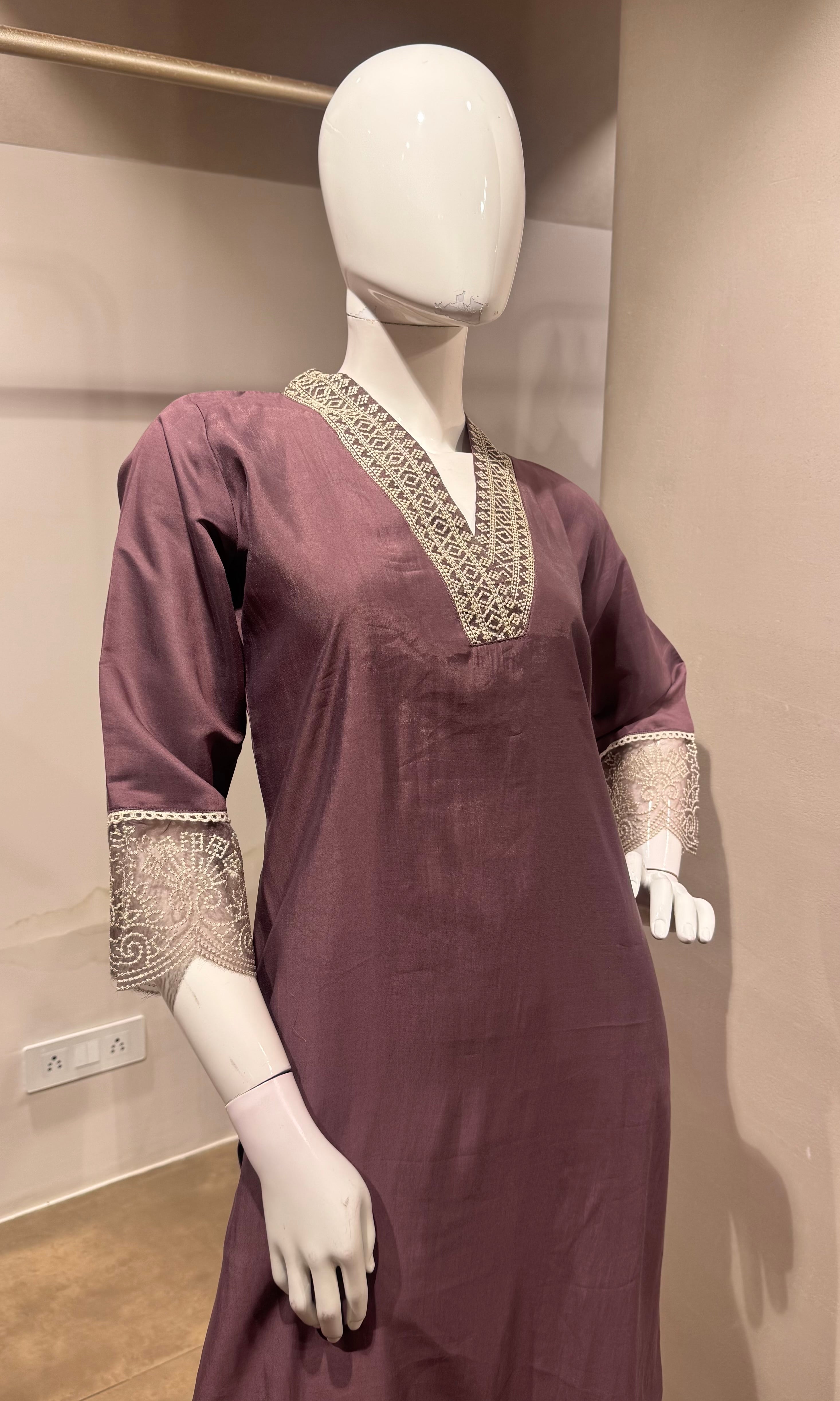 Lavander intricate silver embroidery kurta set
