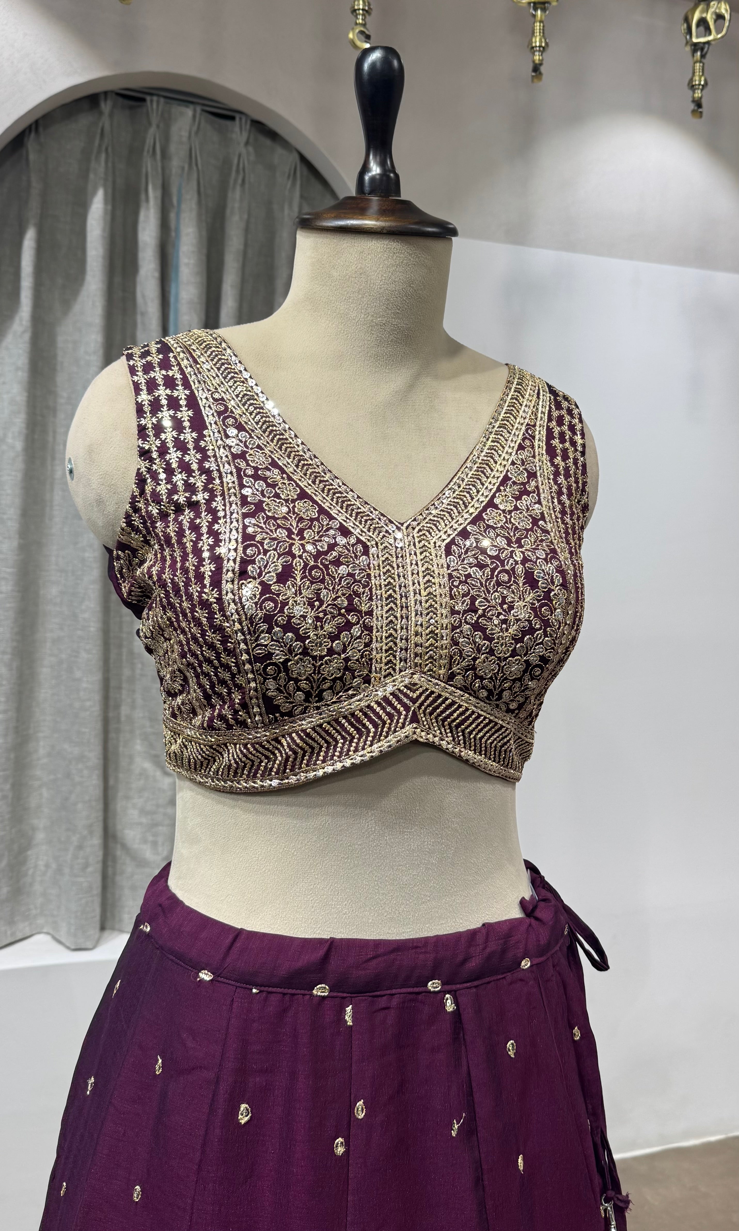 Wine Embroidered Lehenga with Dupatta