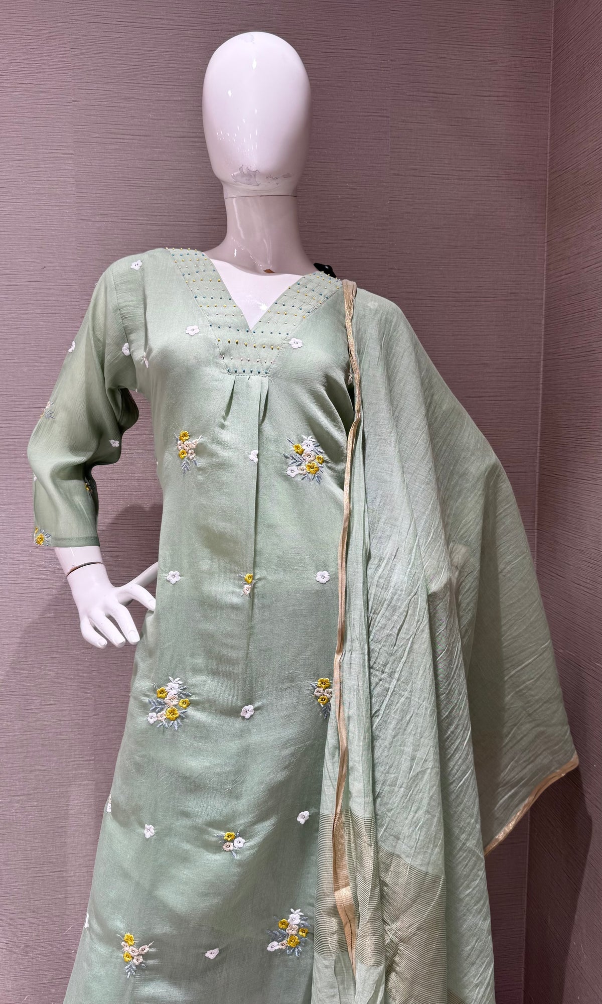 Pista Green Chanderi Kurta Set with Gold Zari Border Dupatta