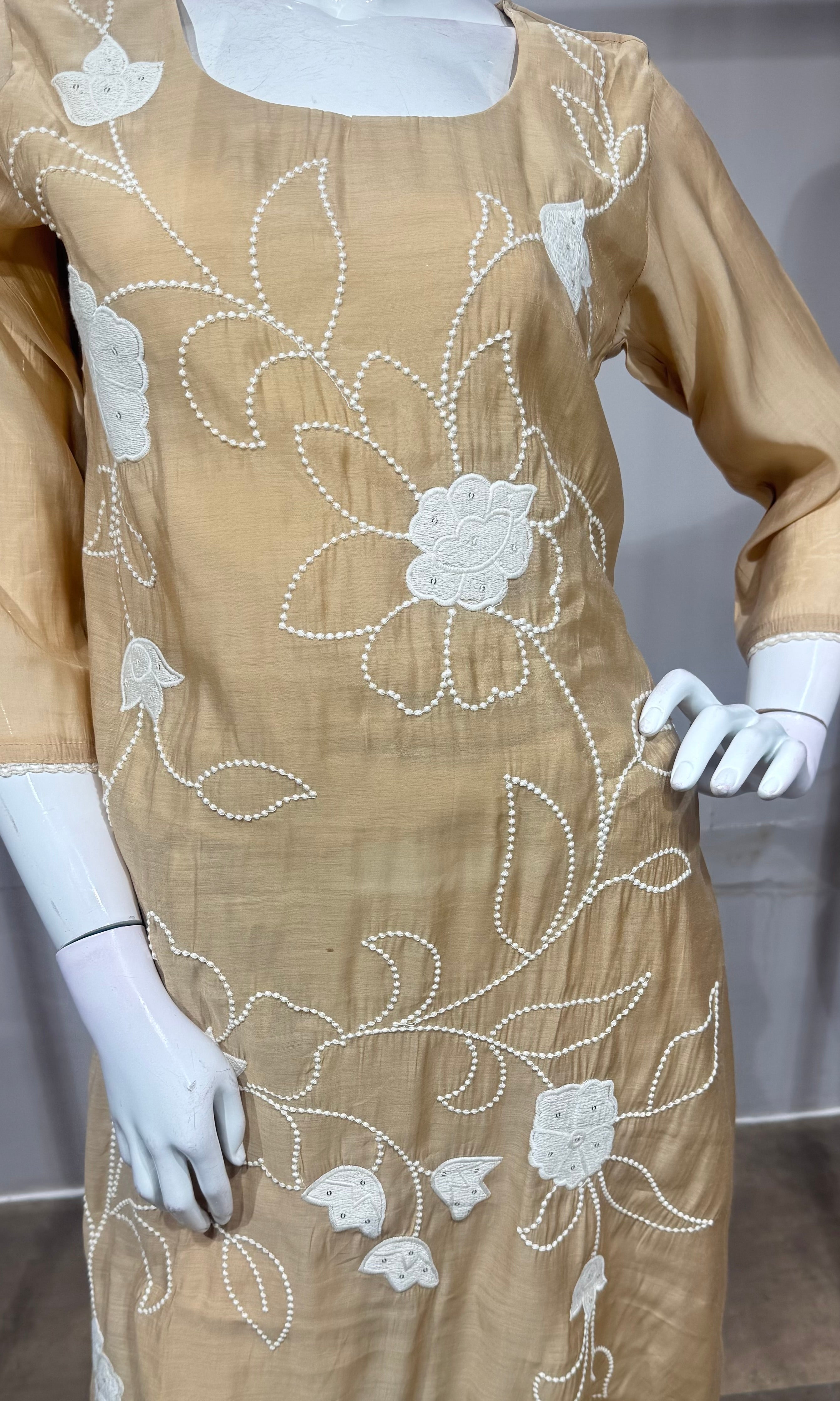 Beige Floral Thread Embroidered Kurta Set