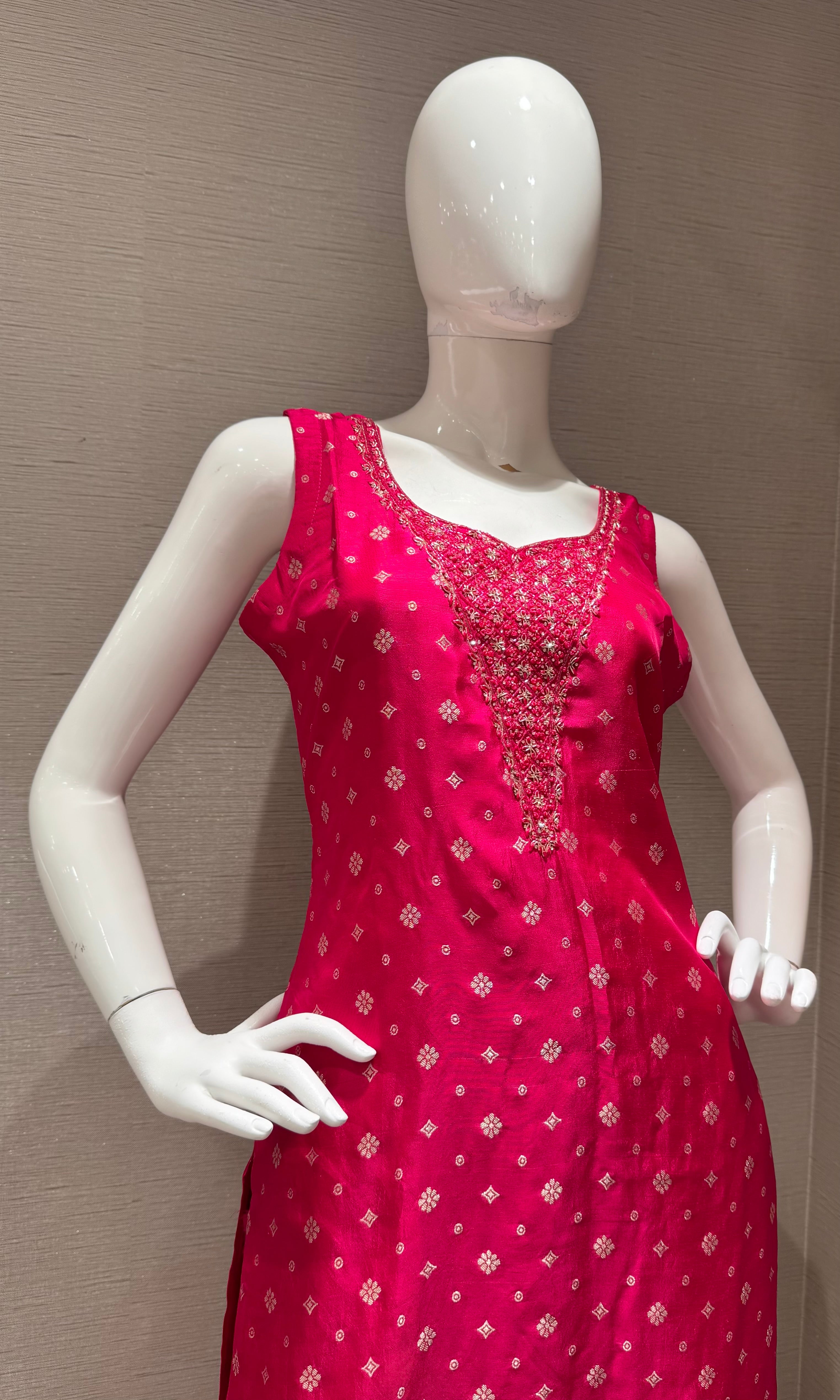 Pink Bandhani Print Kurta set with Floral Dupatta