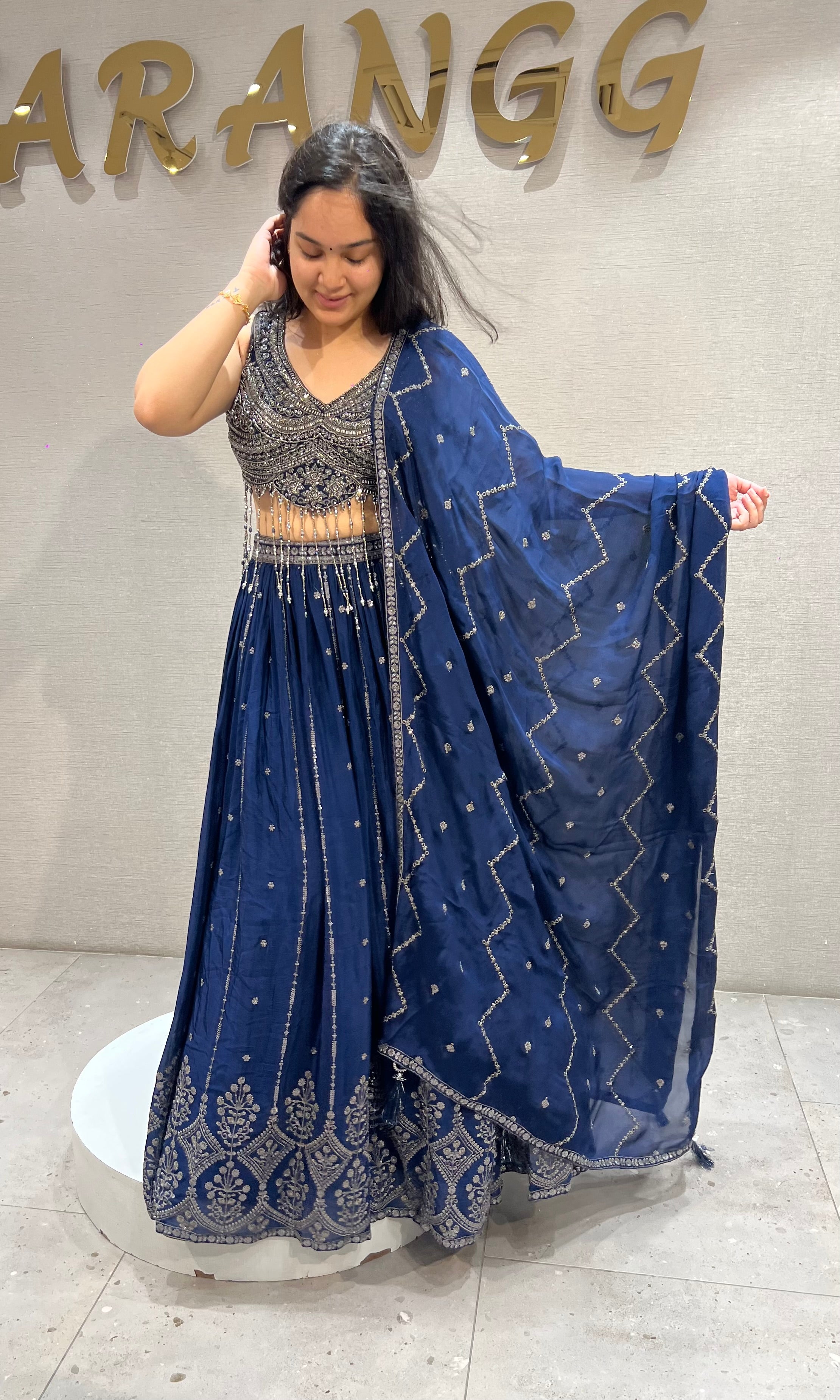Navy Blue Velvet & Silk Embroidered Ensemble Lehenga