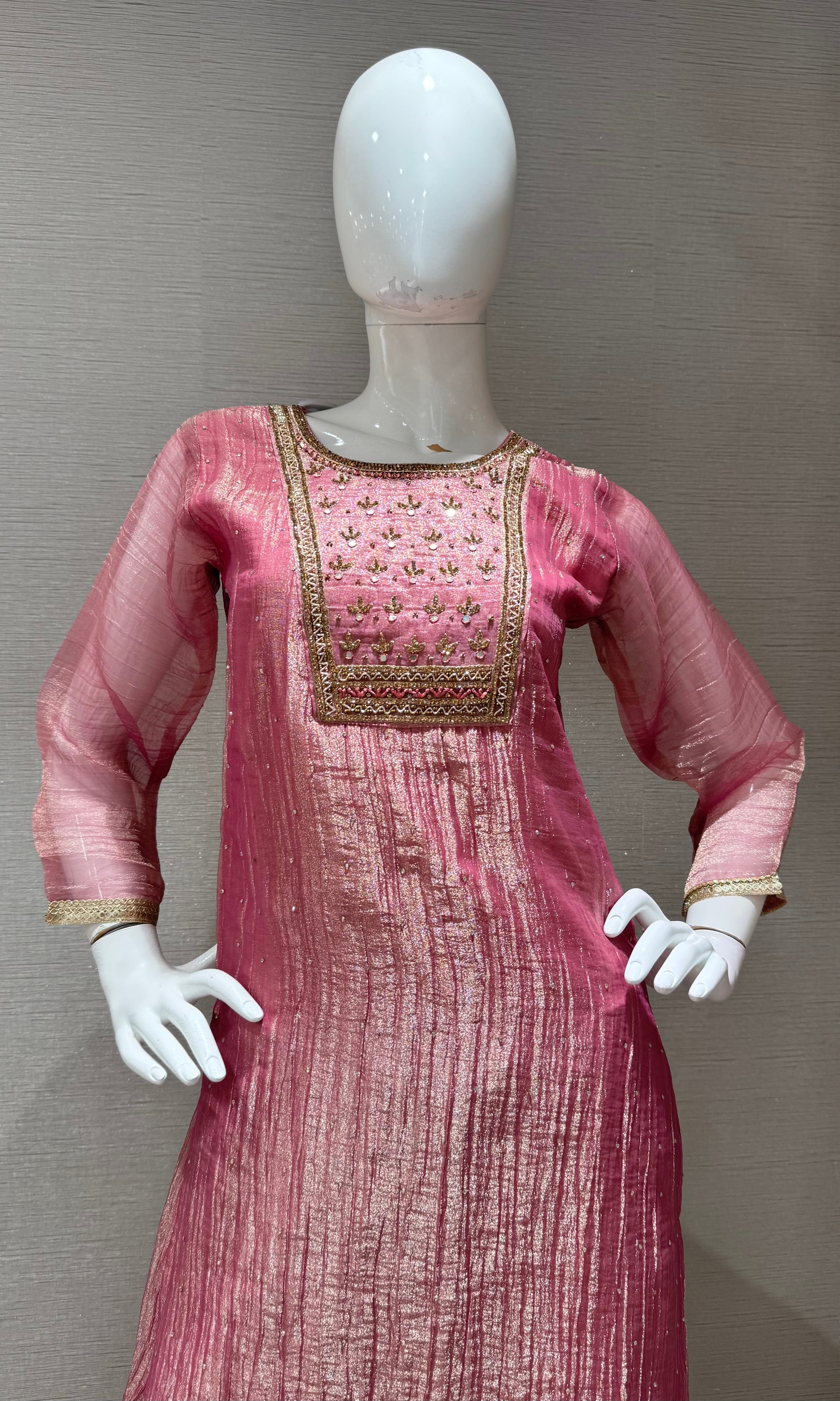 Onion Pink Tissue silk Salwar Kurta with Palazzo pants