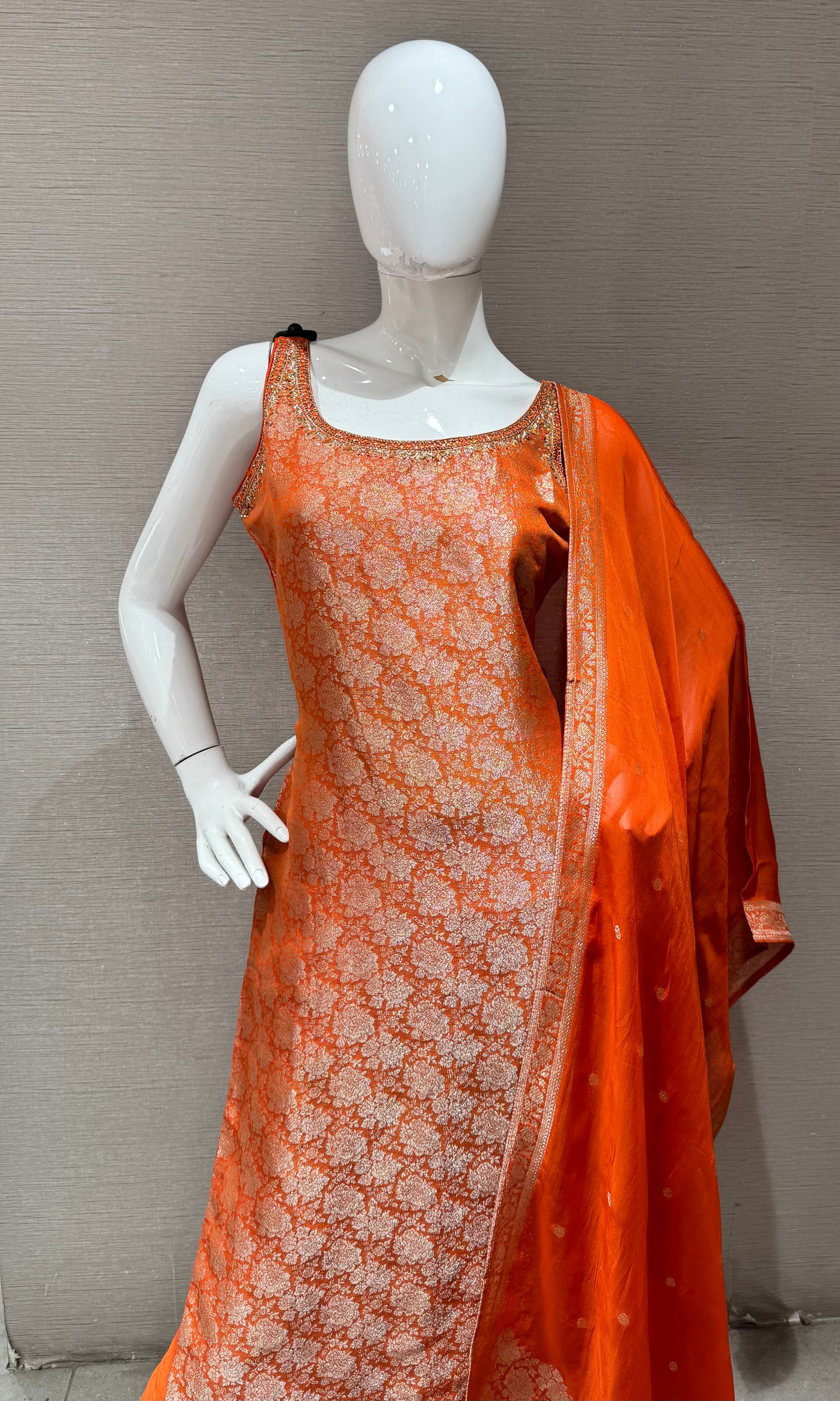 orange Banarasi silk kurta set