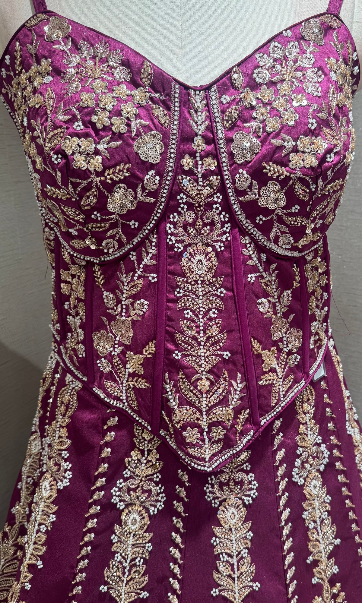 Wine silk embroidered corset blouse lehenga