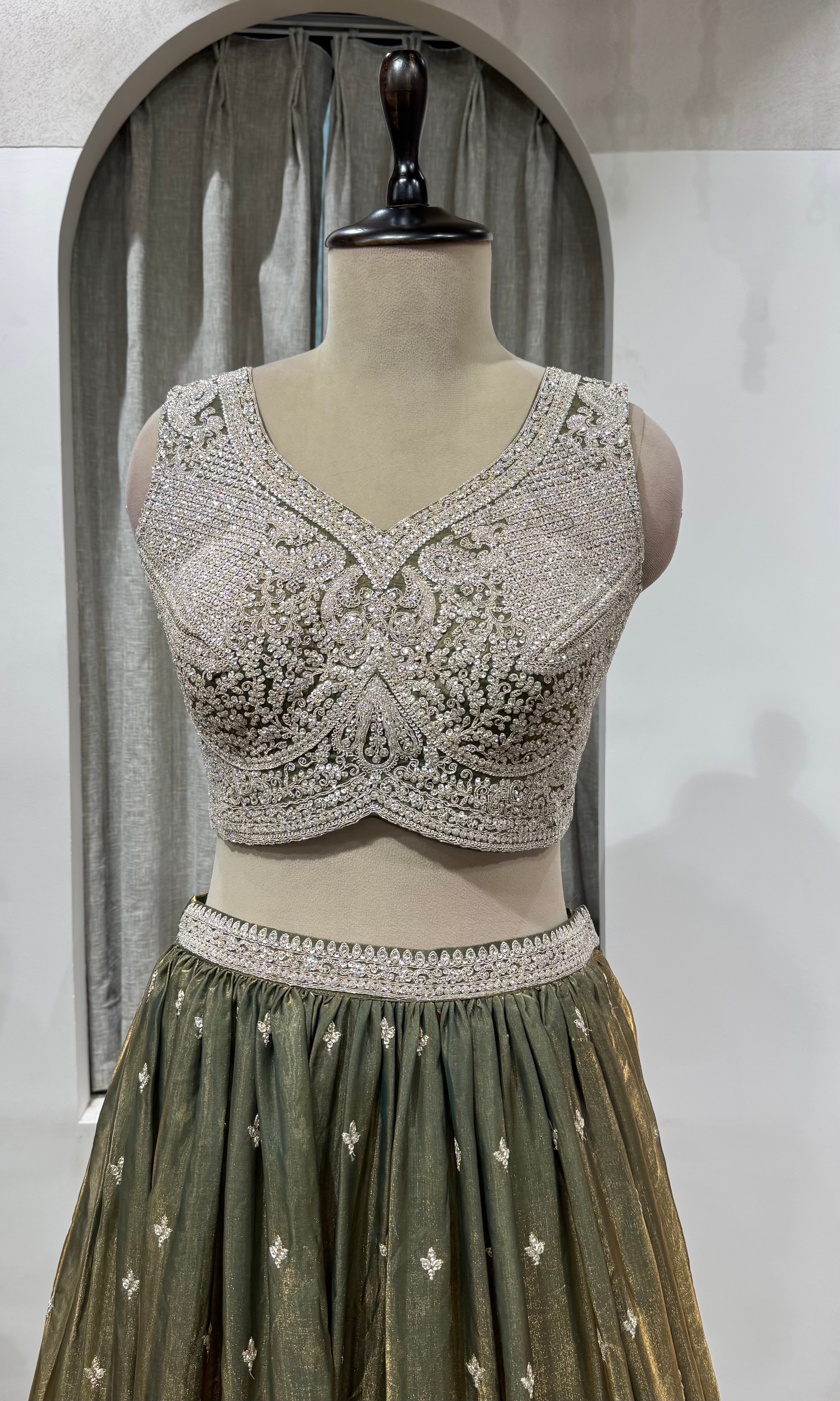 Green Shimmer Silk Lehenga with Silver Embroidery