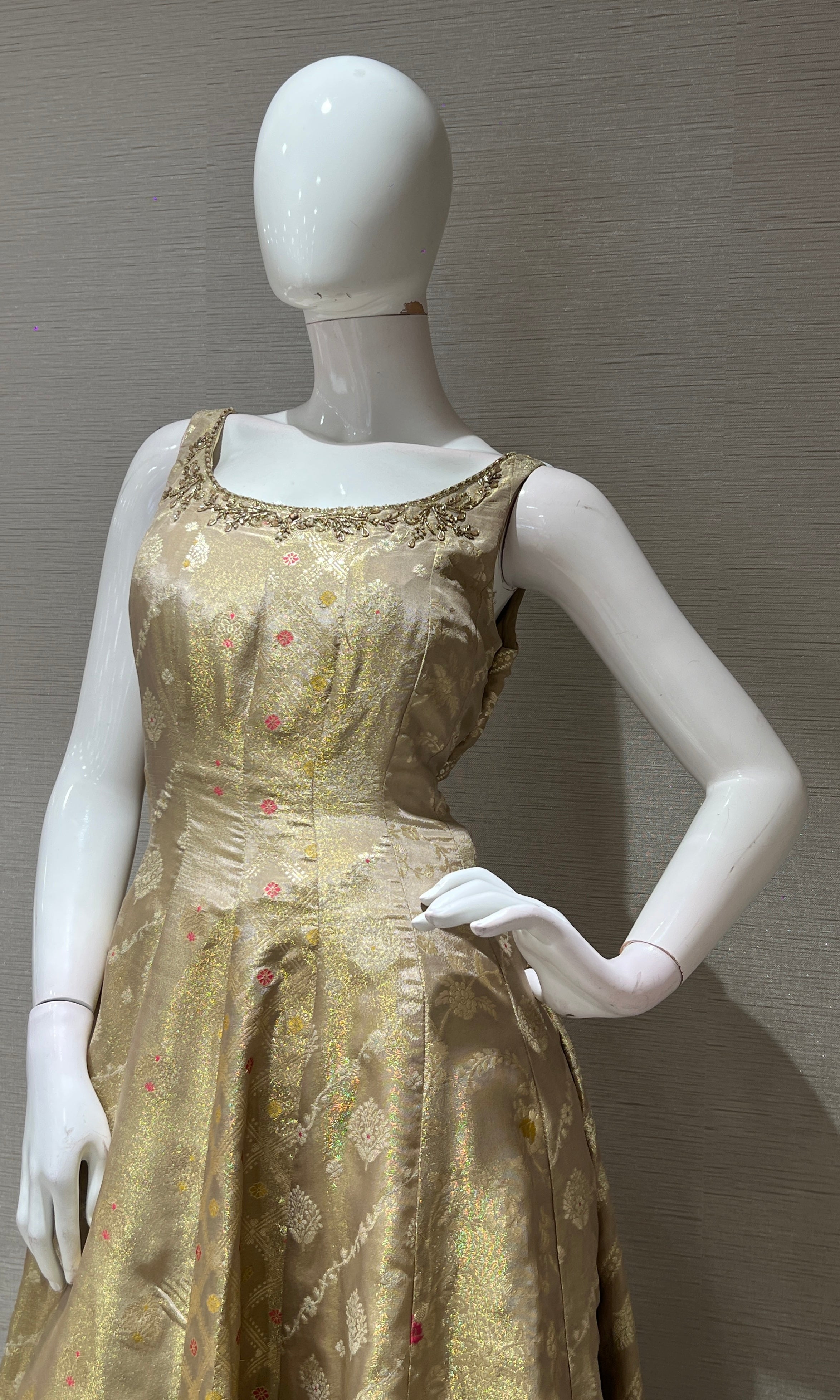 Beige Golden Anarkali Gown with Dupatta