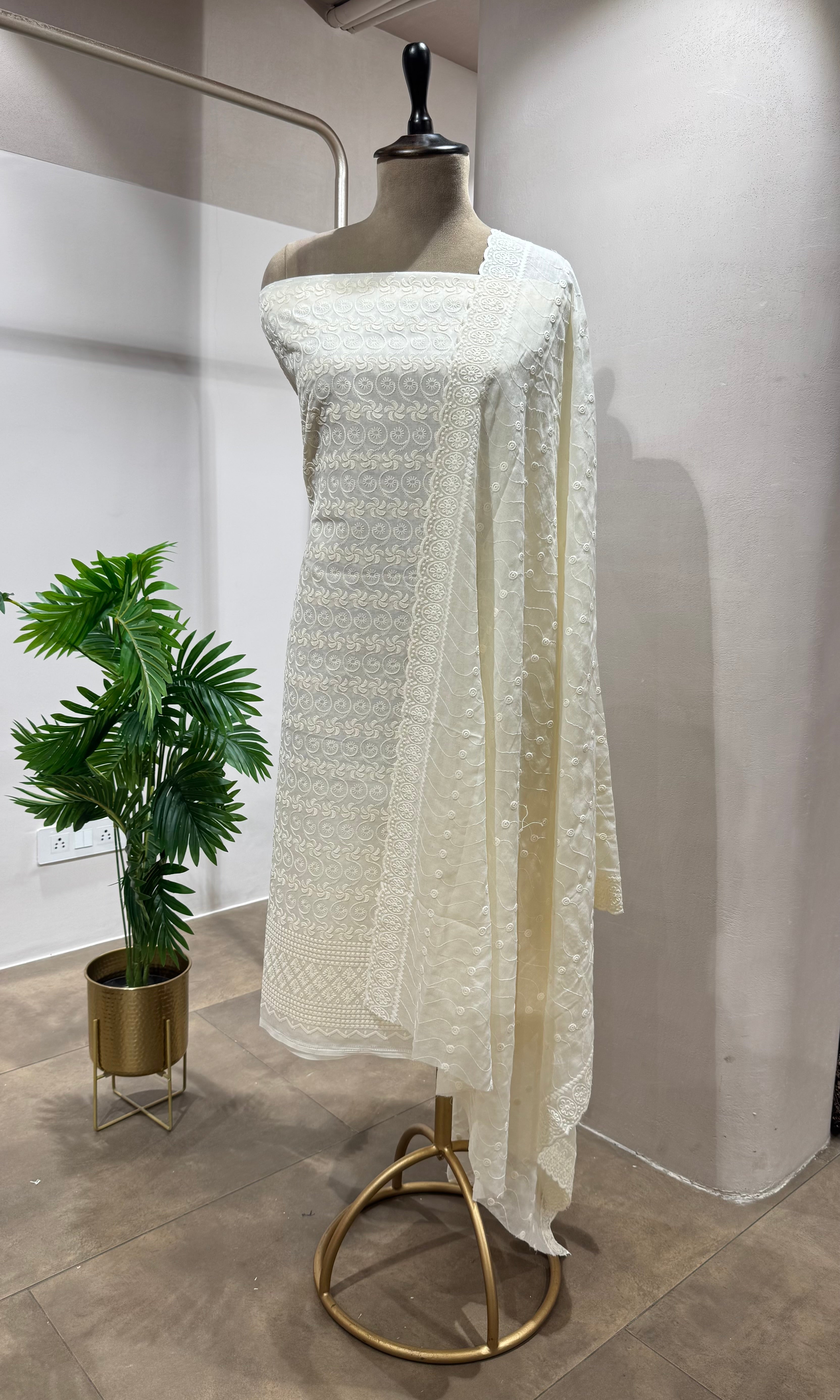 CREAM CHIKANKARI DRESS MATERIAL
