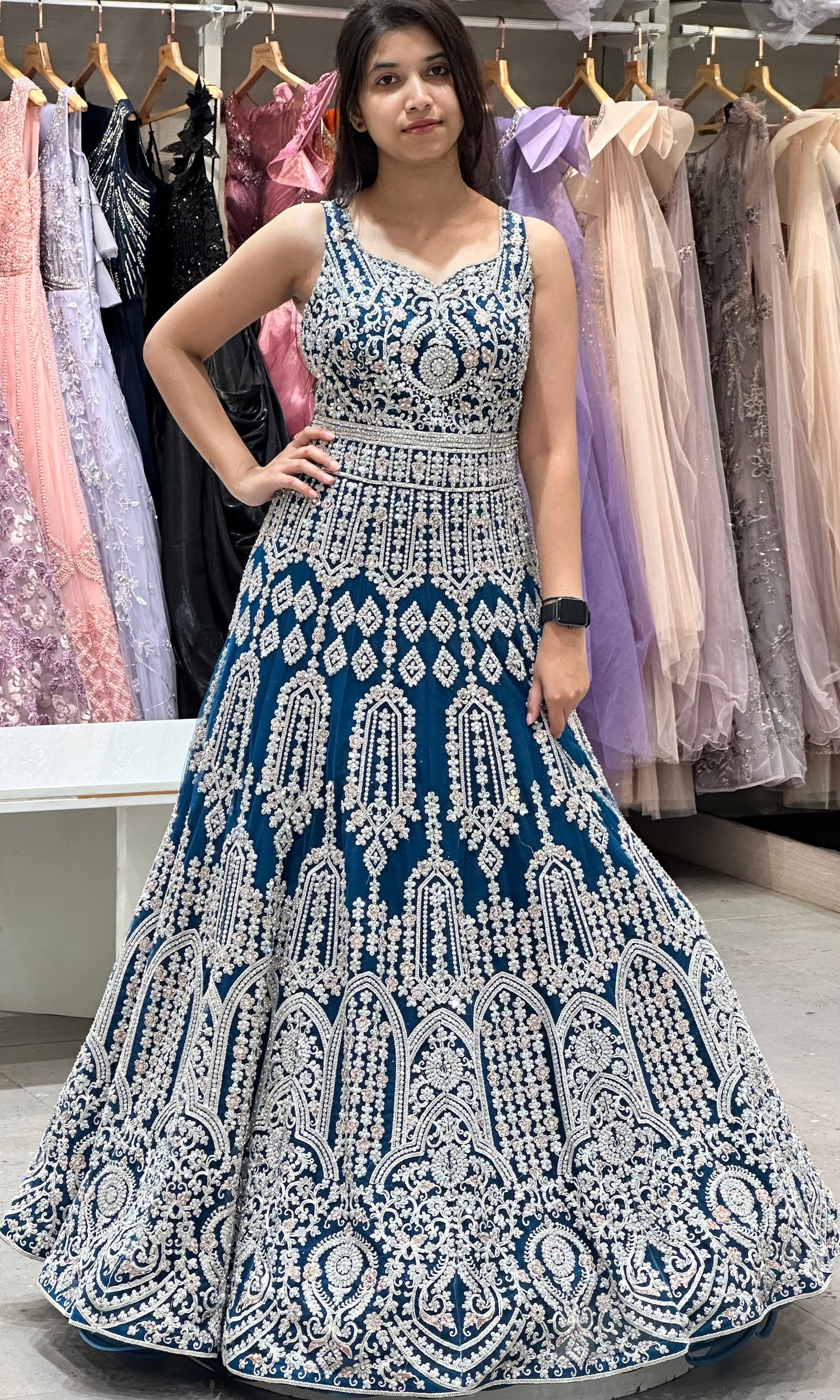 🦋 Blue long dress,frock with full designer work 💦💐