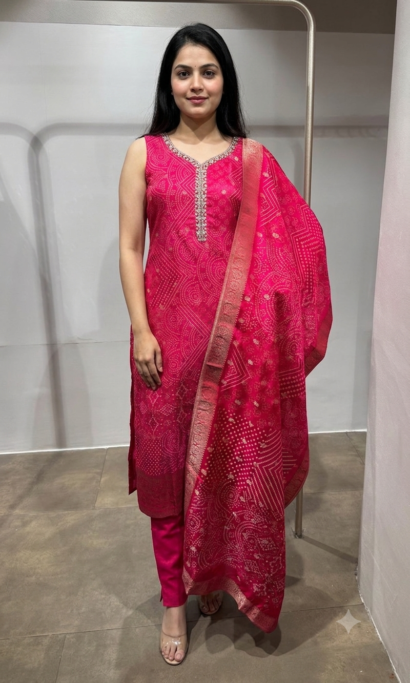 pink Bandhej Kurta set