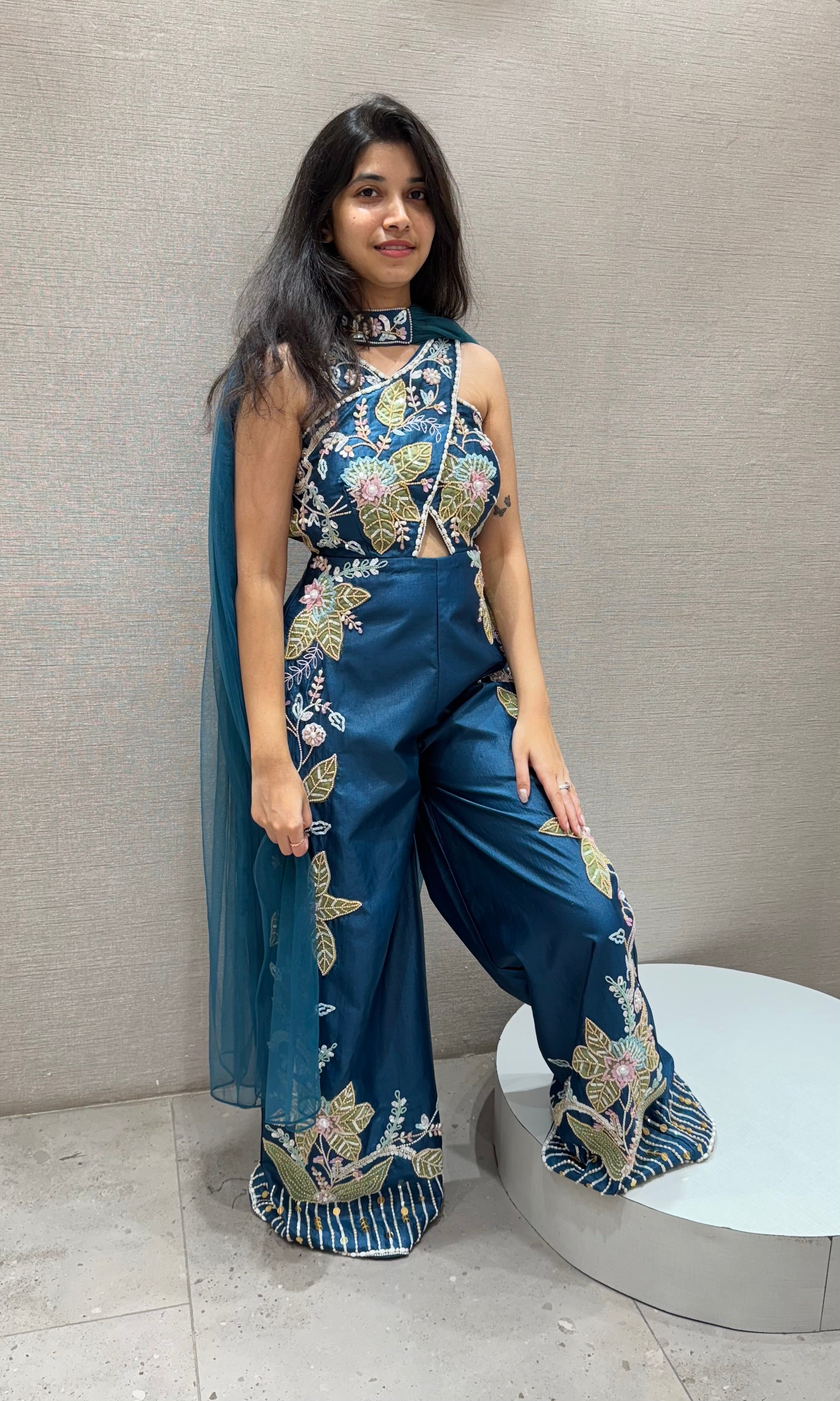 Teal blue Halter embellished jumpsuit