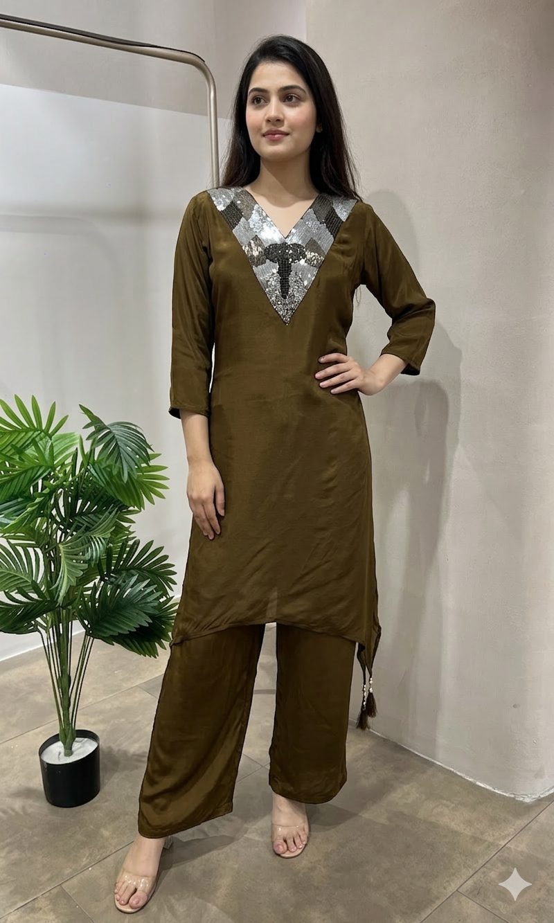 MEHANDI GREEN ELEGANT V NECK CORD SET