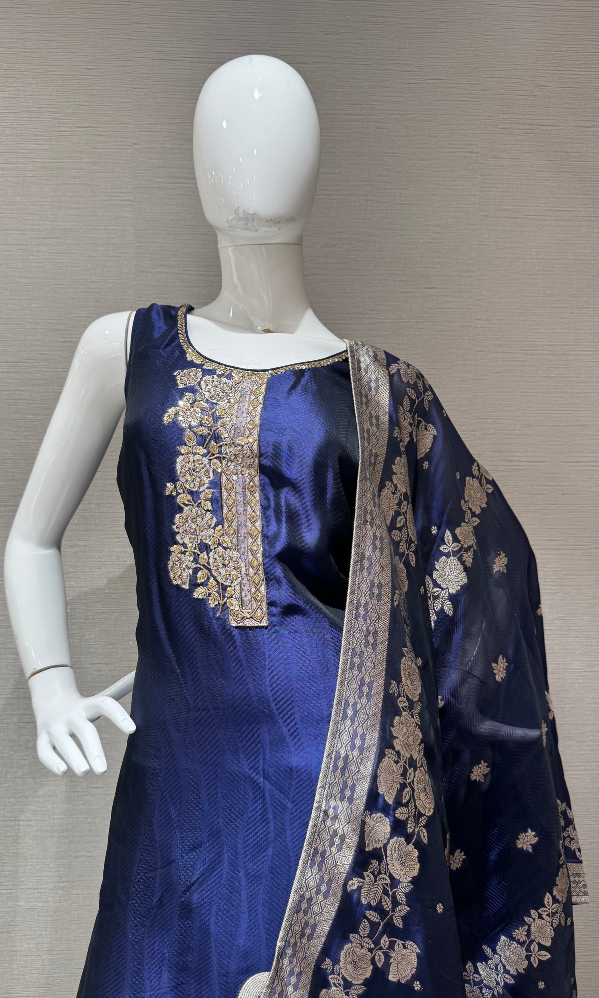 Navy blue Banarasi Brocade Silk Kurta Set with Dupatta